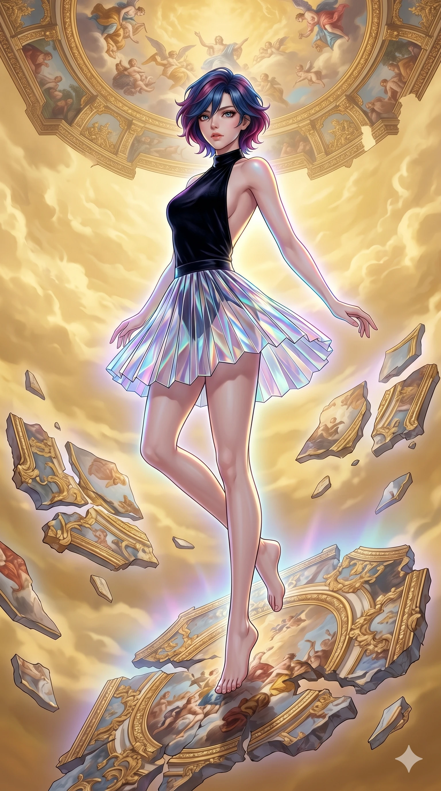 score_9, masterpiece, best quality, ultra-detailed, high-budget anime keyframe, Caucasian woman, strictly human ears. upper body close-up from the thighs up, character filling the screen for maximum presence. propelling herself off digital baroque ceiling fresco shards that float and reassemble in a golden sky. She has an absolutely perfect 8-heads proportion, an exceptionally tall and slender female figure with impossibly long slender legs and an ultra-slim waist. V-shaped jawline, high-bridge nose, intricate jewel-like eyes with depth, thick eyelashes, glossy lips with a natural sheen.. wearing a fractal glass pleated skirt and a backless black velvet halter neck top, creating a dramatic and elegant silhouette. enhanced by a luminous pastel spectrum glow, casting elegant rim lights on her shoulders and jawline. 2k, ultra detail, master piece, 9:16 ratio