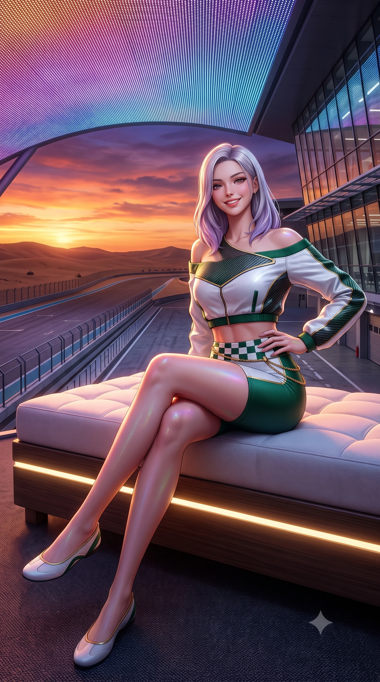 score_9, masterpiece, best quality, ultra-detailed, high-budget anime keyframe, semi-realistic 3D game render, editorial fashion photography, tasteful artistic composition, Caucasian woman. low angle full-body shot from head to toe showing her feet, filling the entire 9:16 vertical frame with her statuesque presence, stretching her vertical silhouette. stepping forward gracefully across the paddock tarmac in mid-motion with a radiant beaming smile, hips swaying in an alluring kinetic rhythm that accentuates her curvy hourglass silhouette and long slender legs while lounging on an outdoor illuminated daybed propped on one elbow with legs crossed, her statuesque presence commanding the desert twilight circuit. The surrounding environment is rendered in vivid detail and crisp panoramic clarity: detailed racing suit weave, LED reflections on skin, and futuristic Middle Eastern motorsport architecture in high resolution. She has an absolutely perfect, statuesque 8.5-heads proportion, an exceptionally tall and slender model-like female figure with impossibly long slender legs, an ultra-slim waist, a flat toned midriff, narrow delicate ribcage, and beautifully sculpted feminine hips creating a graceful, slim hourglass silhouette without any bulky heaviness. sharp v-shaped jawline, high-bridge nose, sparkling eyes with athletic focus and depth, thick curled eyelashes, glossy parted lips with a natural coral-peach sheen, bright confident and coquettish smile with alluring bedroom-eyes, exuding both youthful sporty vigor and sovereign high-society glamour, flawlessly proportioned anatomical accuracy, strict slender model proportions, natural body alignment, perfectly sculpted long slender limbs, ultra-slim waistline, clean dynamic posture without body distortion. wearing an asymmetric off-shoulder cropped windbreaker jacket paired with tight high-waisted biker shorts and a checkered waist sash in crisp Wimbledon white and British racing green with gold accents, tailored from lightweight aerodynamic carbon-fiber composite with structured weave, accented with a delicate gold chain belt resting loosely on her curvy hips, the glove-like aerodynamic silhouette tightly following the natural contour of her hips and long slender legs with youthful 8.5-heads elegance. bathed in dramatic desert sunset golden hour twilight combined with vibrant LED canopy color washes. highly saturated vibrant anime colors, detailed shading with soft gradients, rich glossy textures, high-contrast stereoscopic depth, volumetric dynamic lighting, master piece, 9:16 ratio