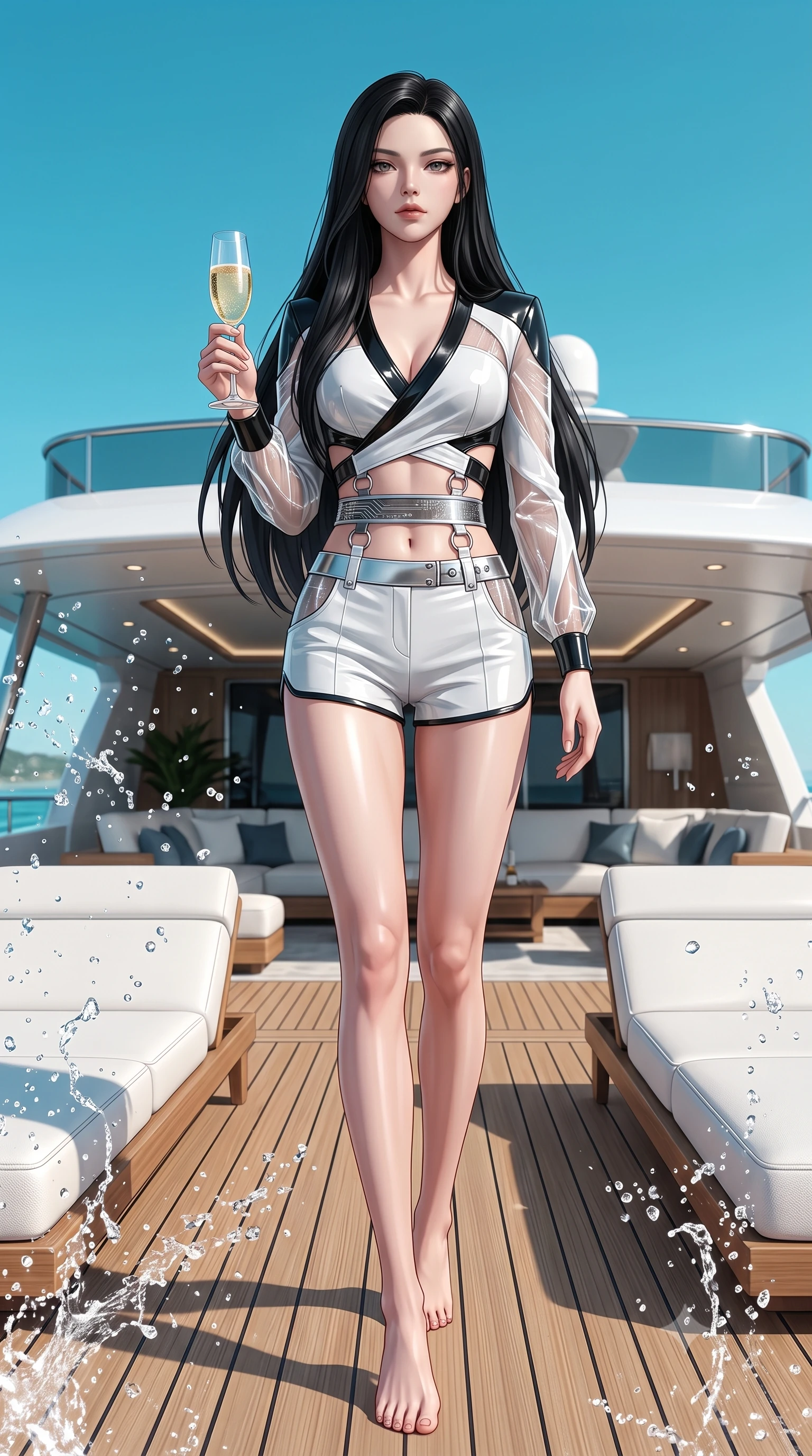 score_9, masterpiece, best quality, ultra-detailed, high-budget anime keyframe, semi-realistic 3D game render, editorial fashion photography, tasteful artistic composition, Korean woman. low angle full-body shot from head to toe showing her feet, filling the entire 9:16 vertical frame with her statuesque presence, stretching her vertical silhouette. striding forward in a proud, statuesque motion with a dangerous smolder, her vertical silhouette dominating the frame from head to toe while stepping gracefully toward the yacht lounge with champagne glass in hand under a cloudless turquoise sky. The surrounding environment is rendered in vivid detail and crisp panoramic clarity. sharp splashing sea spray droplets, white leather sunbed seams, and cloudless sky in high clarity. She has an absolutely perfect, statuesque 8.5-heads proportion, an exceptionally tall and slender model-like female figure with impossibly long slender legs, a toned flat midriff, and an ultra-slim waist. sharp v-shaped jawline, high-bridge nose, intricate jewel-like eyes with depth, thick eyelashes, glossy lips with a natural sheen, flawlessly proportioned anatomical accuracy, strict slender model proportions, natural body alignment, perfectly sculpted long slender limbs, ultra-slim waistline, clean dynamic posture without body distortion. wearing a shortened cyber-fusion wrap top with transparent chiffon panels, a deep crossover neckline, and a high-waisted metallic sash that accentuates her ultra-slim waist in high-gloss monochrome white and sharp black contrast, tailored from semi-translucent cybernetic vinyl with glowing micro-filaments, detailed with polished silver rings connecting the daring side-waist cutouts, the precision-cut daring openings accentuating her delicate midriff, graceful bare collarbones, and ultra-slim feminine waistline. surrounded by an exclusive, sun-drenched, and unapologetically glamorous superyacht luxury aura. highly saturated vibrant anime colors, detailed shading with soft gradients, rich glossy textures, high-contrast stereoscopic depth, volumetric dynamic lighting, master piece, 9:16 ratio