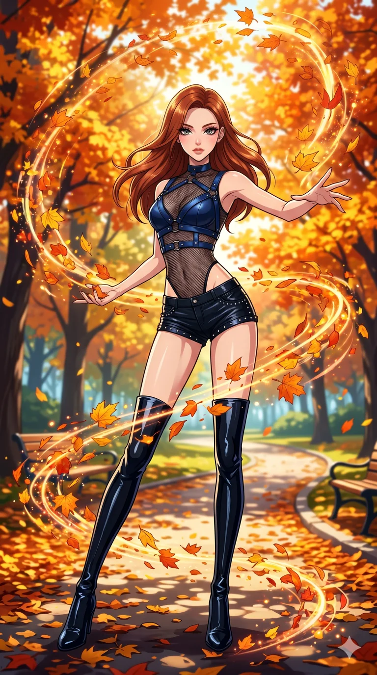 score_9, masterpiece, best quality, ultra-detailed, High-budget Anime Keyframe, beautiful Caucasian anime girl (strictly human ears). Dynamic full-body shot stretching the vertical silhouette with her statuesque presence. Summoning a whirlwind of colorful leaves in a quiet park filled with autumn trees. She has an absolutely perfect 8-heads proportion, an exceptionally tall and slender female figure with impossibly long slender legs and an ultra-slim waist. Sharp v-shaped jawline, high-bridge nose, intricate jewel-like eyes with depth, thick eyelashes, glossy lips with a natural sheen. Wearing a K-Idol Stage outfit: sapphire leather harness over mesh, high-cut bodysuit, studded micro-shorts, thigh-high patent boots. Background is a bright and colorful environment with cinematic lighting, dynamic particle effects, and high-contrast shadows. 2k, ultra detail, master piece, 9:16 ratio