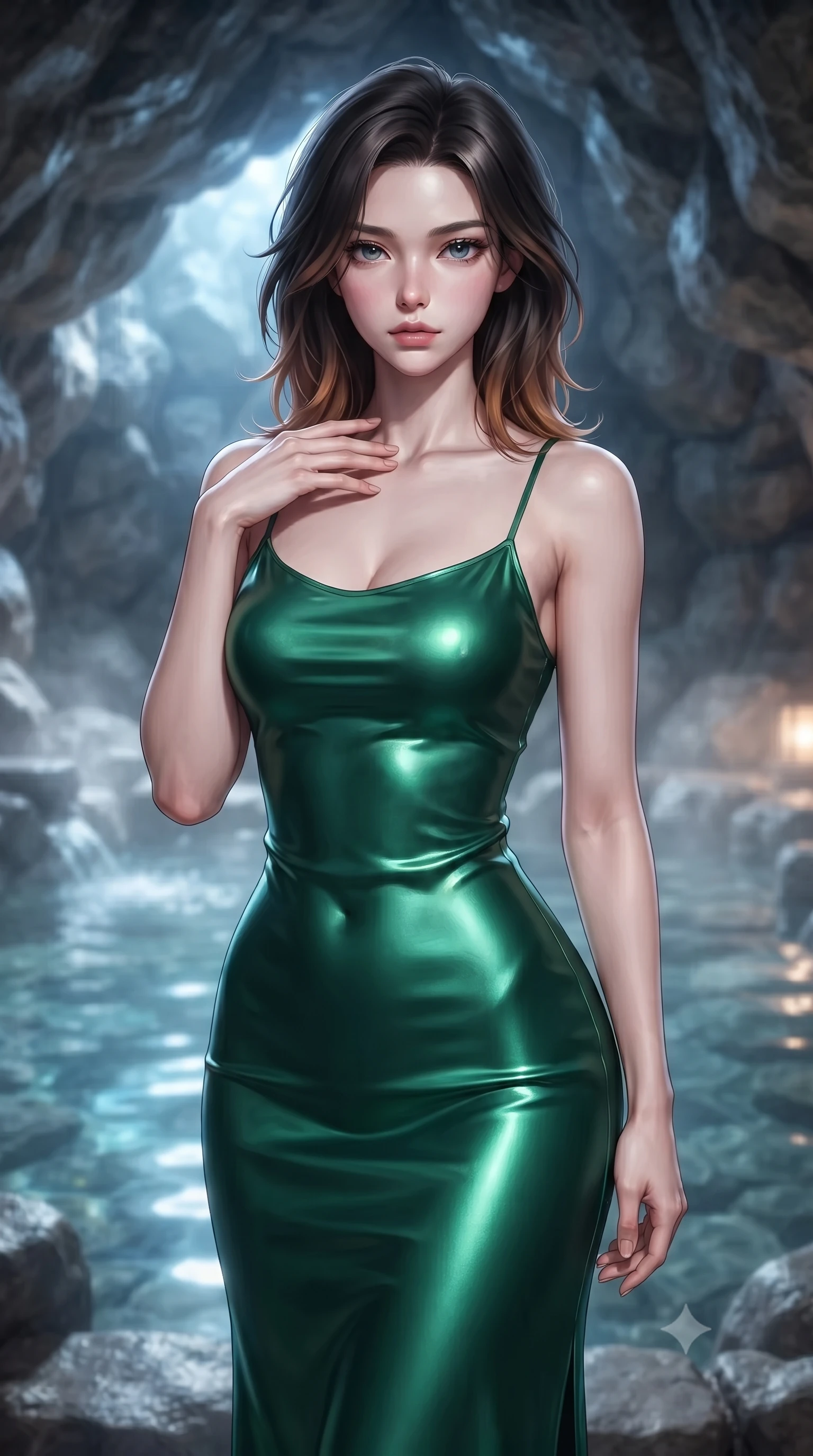 score_9, masterpiece, best quality, ultra-detailed, high-budget anime keyframe, editorial fashion photography, tasteful artistic composition, Korean woman. close-up cowboy shot from the waist and thighs up, the character dominates the composition, filling the frame with her large presence, background elements kept in soft focus. standing with one hand resting on her collarbone, looking at the viewer with bedroom-eyes the background shows a soft-focus a private stone bath pool built inside a natural rock cave with clear mineral water. She has an exceptionally elegant, slender, and willowy female figure with an ultra-slim waist, a gracefully sculpted slender torso, and a refined silhouette. sharp v-shaped jawline, high-bridge nose, intricate jewel-like eyes with depth, thick eyelashes, glossy lips with a natural sheen. wearing a slim-fit form-contouring emerald green silk slip dress that hugs her slender waist and hips. soft blue light reflecting from the pool water onto the rocky cave ceiling. ultra-reflective glossy finish, specular highlights, metallic sheen, high-contrast stereoscopic depth, volumetric dynamic lighting, 2k, ultra detail, master piece, 9:16 ratio
