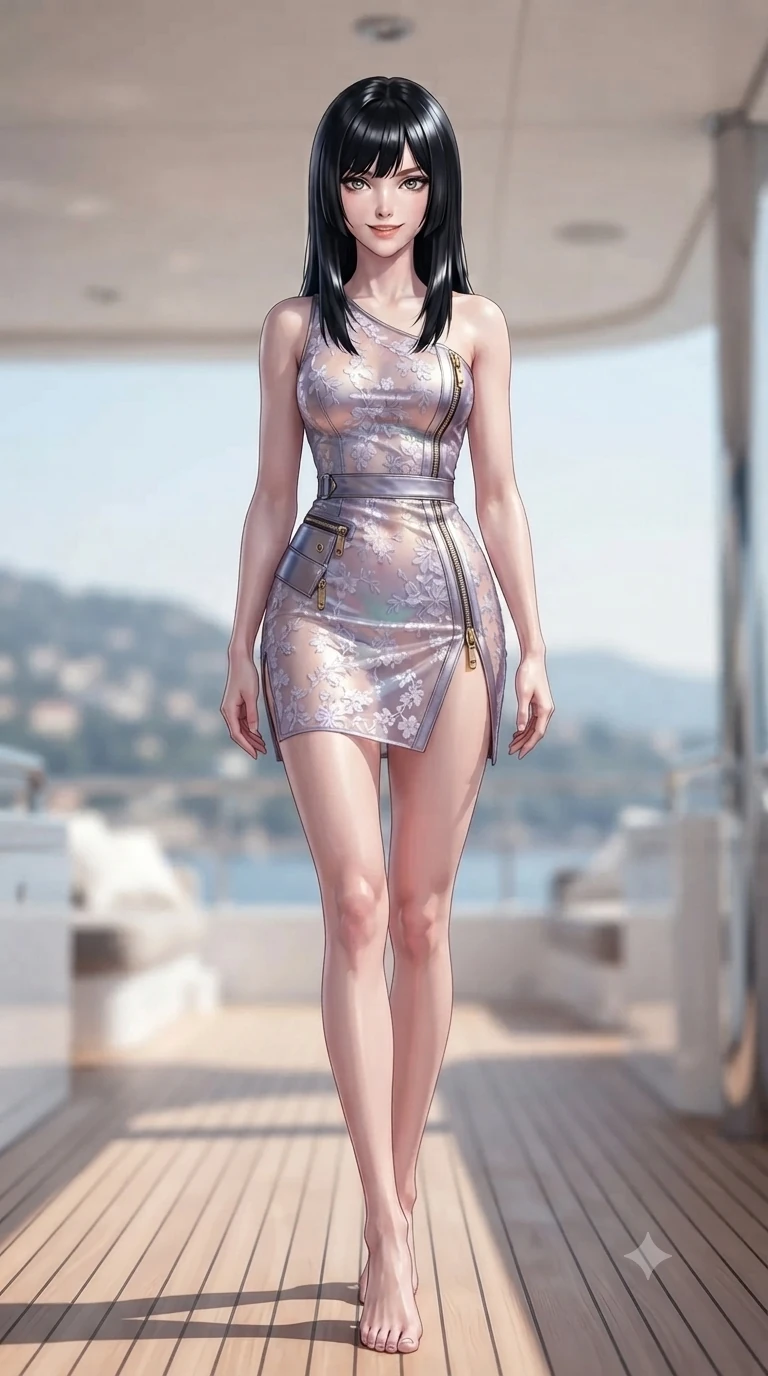 score_9, masterpiece, best quality, ultra-detailed, high-budget anime keyframe, editorial fashion photography, tasteful artistic composition, Caucasian woman. low angle full-body shot from head to toe showing her feet, filling the entire 9:16 vertical frame with her statuesque presence, stretching her vertical silhouette. stepping forward in a confident stride, her long slender legs and curvaceous hips creating a dynamic, sweeping vertical line while walking slowly down the teak flying bridge deck with hypnotic grace, hips swaying in an alluring sensual rhythm that accentuates her curvy hourglass silhouette. The background shows a soft-focus high-altitude yacht flying bridge softened in open-ocean nautical shallow focus. She has an absolutely perfect, statuesque 8.5-heads proportion, an exceptionally tall and slender model-like female figure with impossibly long slender legs, an ultra-slim waist, a flat toned midriff, narrow delicate ribcage, and beautifully sculpted feminine hips creating a graceful, slim hourglass silhouette without any bulky heaviness. sharp v-shaped jawline, high-bridge nose, sparkling eyes with hypnotic seductive depth, thick curled eyelashes, glossy parted lips with a natural dewy peach sheen, alluring bedroom-eyes with an enchanting coquettish smile, exuding magnetic siren charisma and sophisticated glamour, flawlessly proportioned anatomical accuracy, strict slender model proportions, natural body alignment, perfectly sculpted long slender limbs, ultra-slim waistline, clean dynamic posture without body distortion. wearing an asymmetric one-shoulder metallic leather mini dress with a dramatic side slit hugging her narrow waist and hips in iridescent mother-of-pearl and dusk lavender, made of sheer contouring power-mesh with delicate floral flocking patterns, finished with sleek heavy-duty brass anchor zip pulls and nautical hardware, the form-contouring material adhering flawlessly to her sculpted flat midriff and slender torso, emphasizing her long leg lines and perfectly proportioned willowy build. bathed in crisp, high-intensity Mediterranean midday sunlight with brilliant specular glints off polished chrome and dewy skin. ultra-reflective glossy finish, specular highlights, rich textural contrasts, high-contrast stereoscopic depth, volumetric dynamic lighting, 2k, ultra detail, master piece, 9:16 ratio