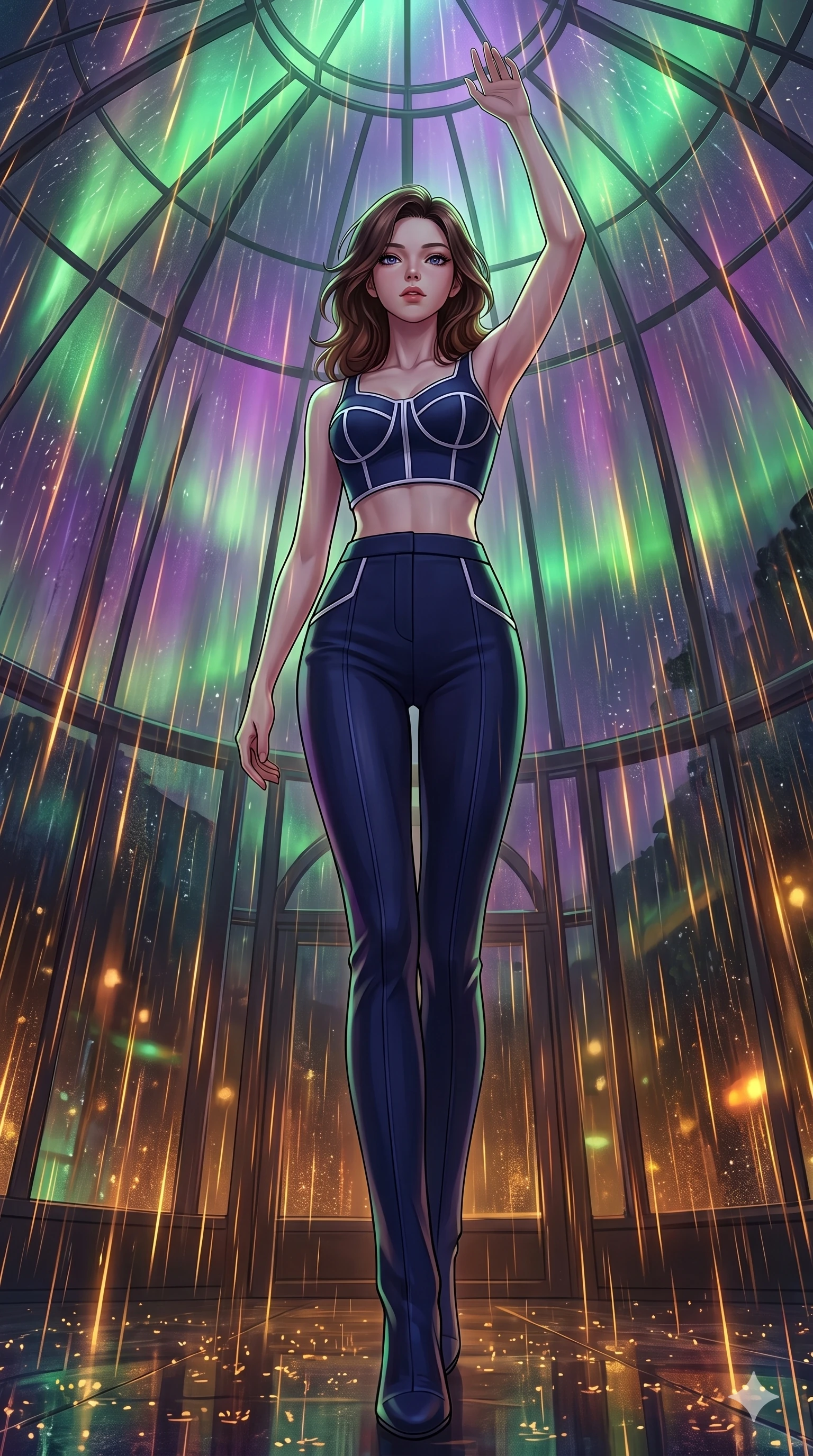 score_9, masterpiece, best quality, ultra-detailed, high-budget anime keyframe, editorial fashion photography, tasteful artistic composition, Korean woman. low angle full-body shot from head to toe showing her feet, filling the entire 9:16 vertical frame with her statuesque presence, stretching her vertical silhouette. Gliding forward with one arm sweeping upward toward the sky inside a glass dome sanctuary during a heavy downpour of glowing amber rain. She has an absolutely perfect 8-heads proportion, an exceptionally tall and slender female figure with impossibly long slender legs and an ultra-slim waist. V-shaped jawline, high-bridge nose, intricate jewel-like eyes with depth, thick eyelashes, glossy lips with a natural sheen. wearing a structured crop top in thick navy neoprene with contrast white piping, paired with matching high-waist neoprene trousers with a slim-fit leg. illuminated by a shifting aurora palette of green, violet, and gold from above, wrapping her in color. 2k, ultra detail, master piece, 9:16 ratio