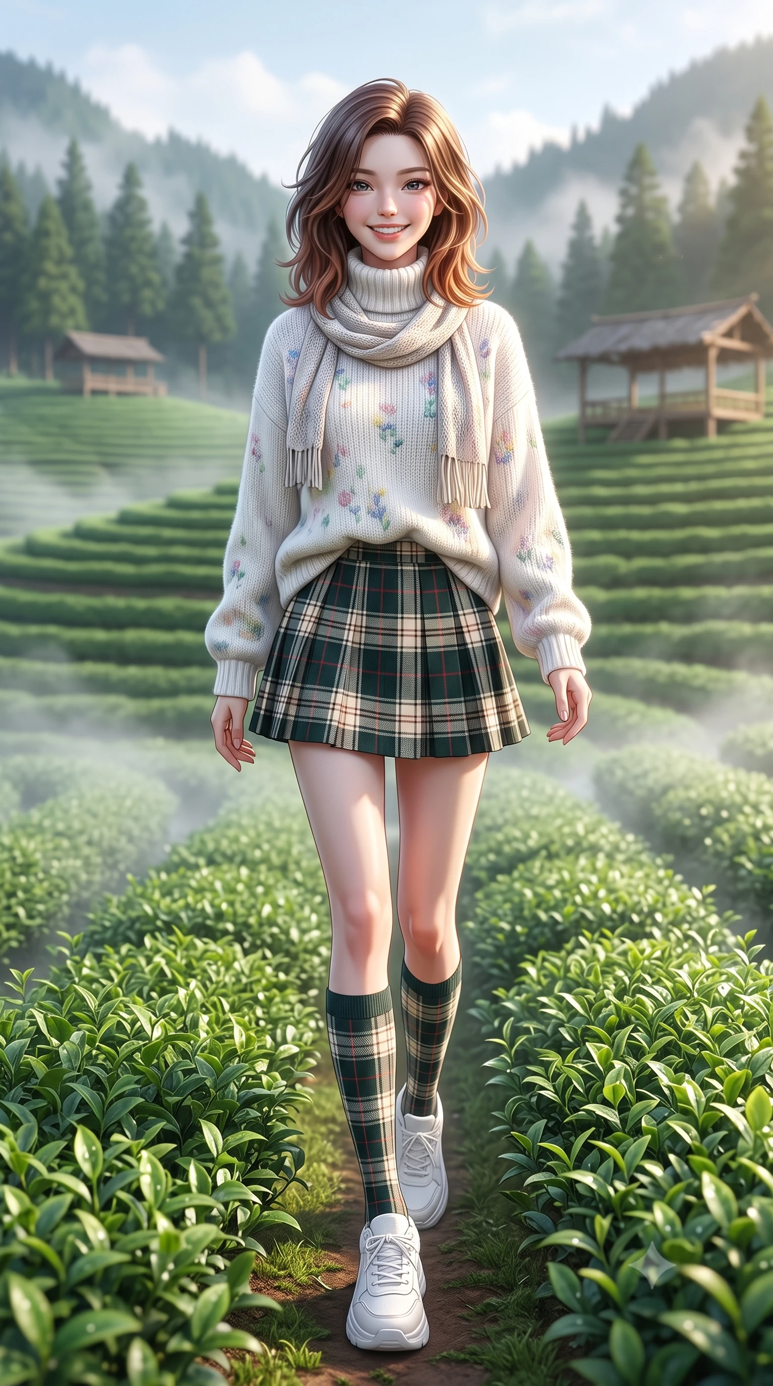 score_9, masterpiece, best quality, ultra-detailed, high-budget anime keyframe, semi-realistic 3D game render, editorial fashion photography, tasteful artistic composition, Korean woman. low angle full-body shot from head to toe showing her feet, filling the entire 9:16 vertical frame with her statuesque presence, stretching her vertical silhouette. walking forward in a cheerful, dynamic stride with a radiant beaming smile, her statuesque silhouette filling the frame while walking gracefully along terraced emerald green tea rows as gentle morning mist swirls around her steps. The composition keeps background elements in soft focus with creamy bokeh. distant pine-covered mountain peaks and rustic tea drying pavilions softened in atmospheric depth. She has an absolutely perfect, statuesque 8.5-heads proportion, an exceptionally tall and slender model-like female figure with impossibly long slender legs, a toned flat midriff, and an ultra-slim waist. sharp v-shaped jawline, high-bridge nose, intricate jewel-like eyes with depth, thick eyelashes, glossy lips with a natural sheen, pure and lovely fresh girlhood expression, flawlessly proportioned anatomical accuracy, strict slender model proportions, natural body alignment, perfectly sculpted long slender limbs, ultra-slim waistline, clean dynamic posture without body distortion. wearing a cozy oversized turtleneck knit jumper paired with a pleated plaid wool skirt and knee-high socks in fresh alpine white with subtle pastel floral accents, knitted from ultra-soft cozy baby-cashmere yarn, finished with a lightweight knitted scarf draped loosely around her neck, the chic real-way fashion cut emphasizing her effortless charm, flat midriff, and slender model proportions. surrounded by a peaceful, pristine, and deeply refreshing morning goddess aura. highly saturated vibrant anime colors, detailed shading with soft gradients, rich glossy textures, high-contrast stereoscopic depth, volumetric dynamic lighting, master piece, 9:16 ratio
