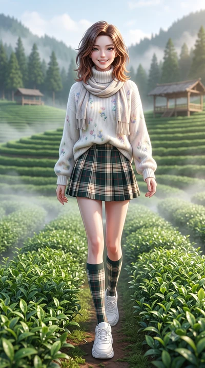 score_9, masterpiece, best quality, ultra-detailed, high-budget anime keyframe, semi-realistic 3D game render, editorial fashion photography, tasteful artistic composition, Korean woman. low angle full-body shot from head to toe showing her feet, fil