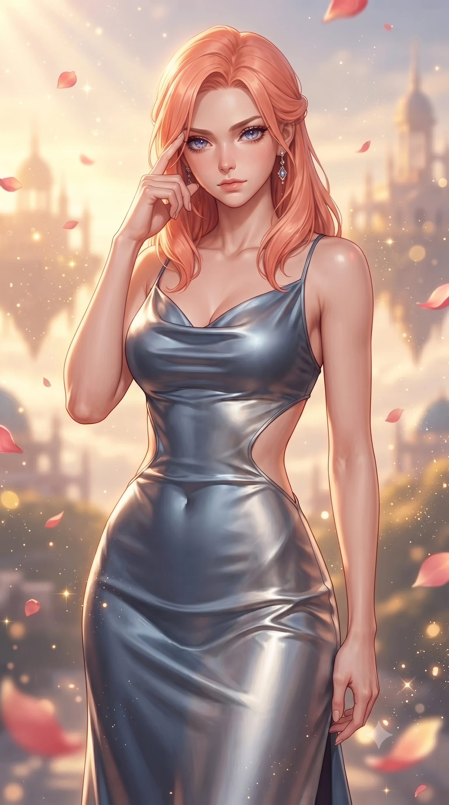 score_9, masterpiece, best quality, ultra-detailed, high-budget anime keyframe, editorial fashion photography, tasteful artistic composition, Japanese woman. close-up cowboy shot from the waist and thighs up, the character dominates the composition, filling the frame with her large presence, background elements kept in soft focus. Pressing two fingers to her temple in a composed thoughtful gesture with an air of magnetic charisma gazing out at a dreamlike palace archipelago suspended in golden hour light, floating rose petals and golden dust motes sparkling in the air. She has an exceptionally elegant, slender, and willowy female figure with an ultra-slim waist, a gracefully sculpted slender torso, and a refined silhouette. sharp v-shaped jawline, high-bridge nose, intricate jewel-like eyes with depth, thick eyelashes, glossy lips with a natural sheen. wearing an elegant cowl-neck satin midi dress with a draped neckline in slate blue and metallic silver, crafted from lustrous satin jersey with fluid draping, featuring clean architectural cutouts along her slender torso, the sleek second-skin texture accentuating her magnetic presence. bathed in glorious golden hour sunbeams and warm rose-gold ambient light. ultra-reflective glossy finish, specular highlights, metallic sheen, high-contrast stereoscopic depth, volumetric dynamic lighting, 2k, ultra detail, master piece, 9:16 ratio