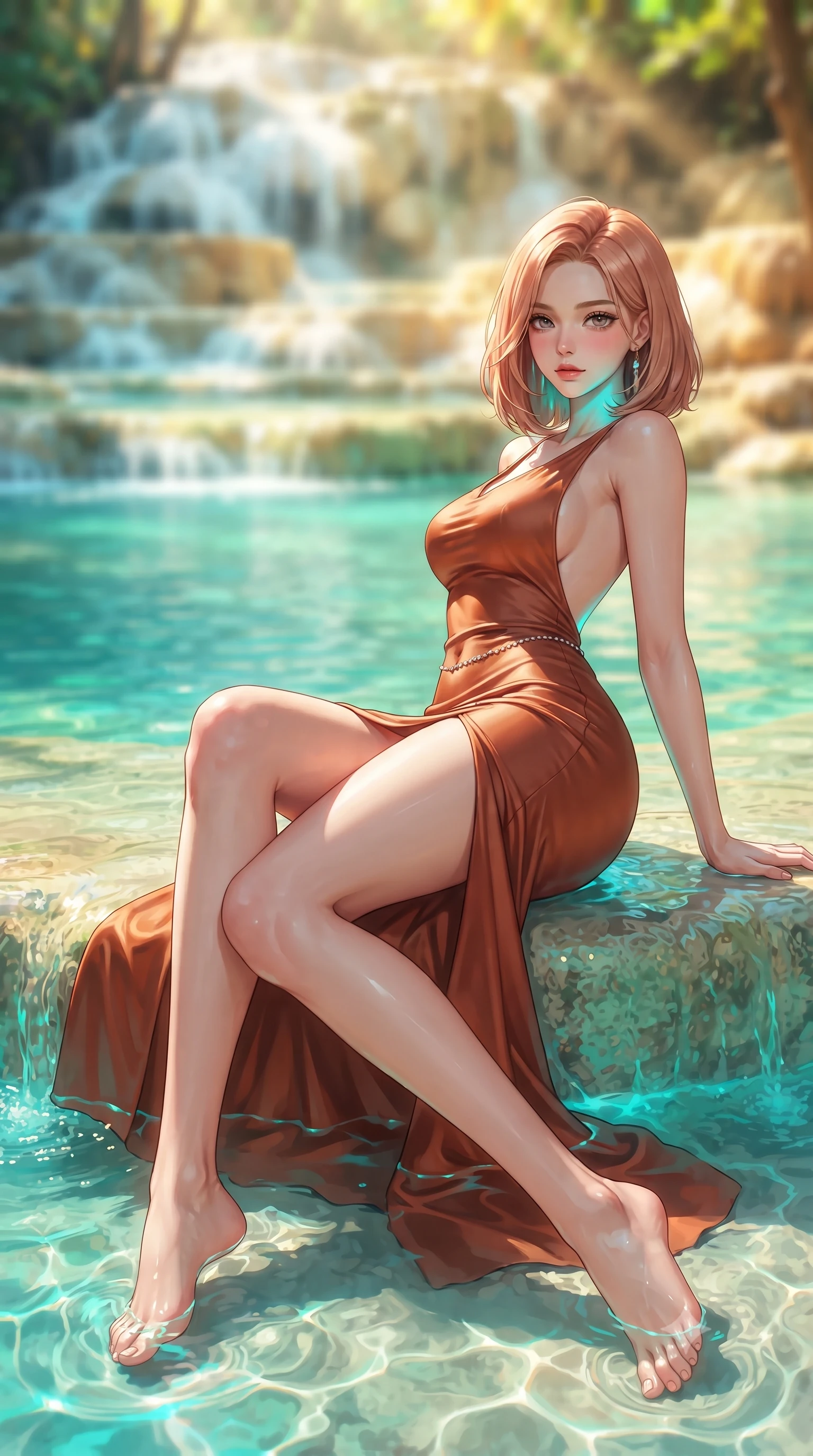 score_9, masterpiece, best quality, ultra-detailed, high-budget anime keyframe, semi-realistic 3D game render, editorial fashion photography, tasteful artistic composition, Korean woman. low angle full-body shot from head to toe showing her feet, filling the entire 9:16 vertical frame with her statuesque presence, stretching her vertical silhouette. reclining on her side in an elegant Cleopatra pose with one knee drawn up, the dramatic contour of her rounded hips and long slender legs commanding the 9:16 vertical frame while wading lightly at the edge of the shallow travertine pool with one knee bent, crystal water caustics tracing her feminine hips and slender legs. The composition keeps background elements in soft focus with creamy bokeh. cascading tiered waterfalls and glowing travertine pools blurred into vibrant turquoise, jade, and golden sunbeam bokeh. She has an exceptionally tall and slender model-like 8.5-heads proportion, an ultra-slim waist, a flat toned midriff, narrow delicate ribcage, and beautifully sculpted feminine hips creating a graceful, slim hourglass silhouette without any bulky heaviness, with impossibly long slender legs. sharp v-shaped jawline, high-bridge nose, intricate jewel-like eyes with depth, thick eyelashes, glossy parted lips with a natural sheen, intensely captivating and seductive bedroom-eyes expression, flawlessly proportioned anatomical accuracy, strict slender model proportions, natural body alignment, perfectly sculpted long slender limbs, ultra-slim waistline, clean dynamic posture without body distortion. wearing an open-back duchess satin gala gown with a dramatic hip-hugging drape and cascading trailing hem in molten desert gold and burnt terracotta, tailored from liquid silk jersey adhering flawlessly to her slender build, accented with a dainty diamond waist chain catching the ambient light reflections, the glove-like aerodynamic silhouette tightly following the natural contour of her hips and long slender legs with statuesque 8.5-heads elegance. illuminated by intense turquoise water caustics carving her razor-sharp jawline, narrow waist, and curvy hips. highly saturated vibrant anime colors, detailed shading with soft gradients, rich glossy textures, high-contrast stereoscopic depth, volumetric dynamic lighting, master piece, 9:16 ratio