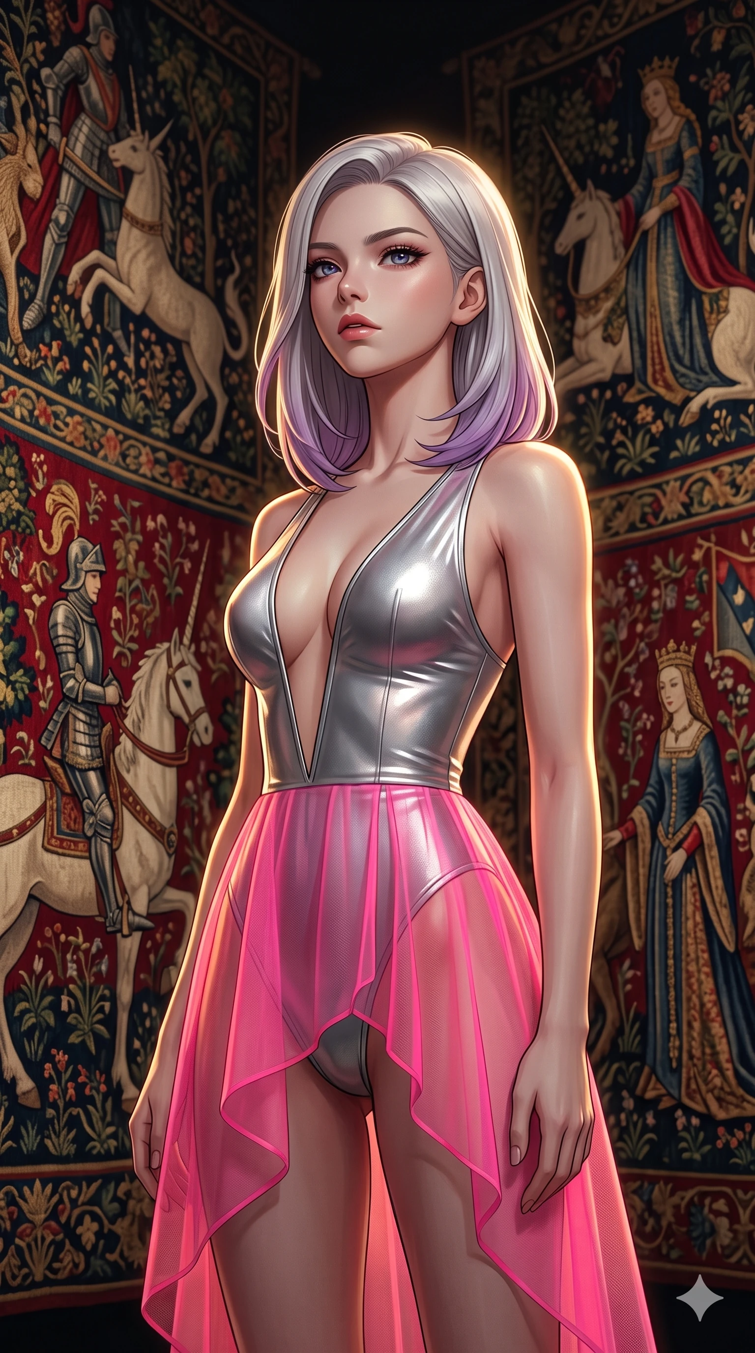 score_9, masterpiece, best quality, ultra-detailed, high-budget anime keyframe, editorial fashion photography, tasteful artistic composition, Caucasian woman, strictly human ears. close-up cowboy shot from the waist and thighs up, the character dominates the composition, filling the frame with her large presence, background elements kept in soft focus. Tilting her chin up slightly with lips parted in a composed expression. set against a soft-focus background of navigating through towering walls made of animated medieval tapestries where richly embroidered figures of knights unicorns and queens move gesture and follow with their stitched eyes. She has an exceptionally elegant and slender, willowy female figure with an ultra-slim waist, a gracefully sculpted slender torso, and a refined slim physique. sharp v-shaped jawline, high-bridge nose, intricate jewel-like eyes with depth, thick eyelashes, glossy lips with a natural sheen. wearing a metallic silver bodysuit with a deep V-cut front, layered under a sheer neon pink asymmetrical overlay skirt. dramatic chiaroscuro with a single golden key light sculpting her silhouette. 2k, ultra detail, master piece, 9:16 ratio