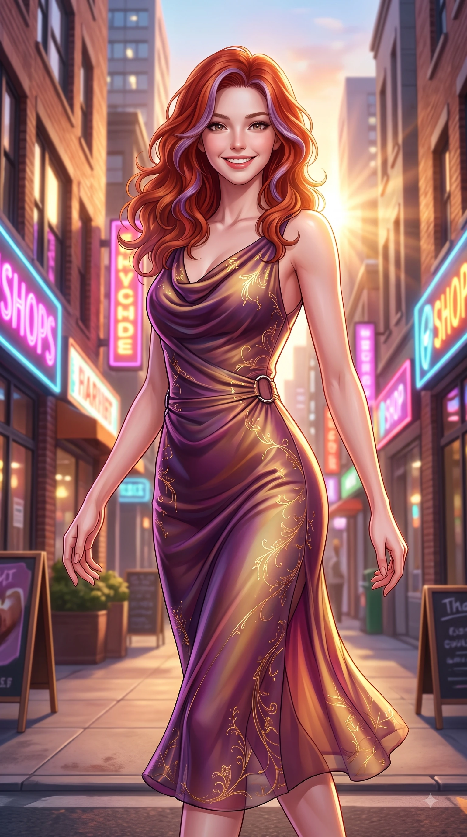 score_9, masterpiece, best quality, ultra-detailed, high-budget anime keyframe, editorial fashion photography, tasteful artistic composition, Caucasian woman. close-up cowboy shot from the waist and thighs up, the character dominates the composition, filling the frame with her large presence, background elements kept in soft focus. Gazing directly into the camera with a fresh, infectious smile as her torso curves dynamically in mid-stride while pivoting in a stylish stride under neon shop signs as urban sunbeams illuminate her cute smile, warm golden hour sunbursts filtering between modern brick buildings. She has an exceptionally elegant, slender, and willowy female figure with an ultra-slim waist, a gracefully sculpted slender torso, and a refined silhouette. sharp v-shaped jawline, high-bridge nose, intricate jewel-like eyes with depth, thick eyelashes, glossy lips with a natural sheen, flawlessly proportioned anatomical accuracy, natural body alignment, perfectly sculpted elegant limbs, clean dynamic posture without body distortion. wearing an elegant cowl-neck satin midi dress with a graceful draped neckline in plum purple and gold filigree, crafted from iridescent chiffon that shifts colors in the light, accented with delicate chrome ring hardware framing her waist, the glove-like fit emphasizing her statuesque silhouette during motion. illuminated by vibrant neon shop signs and crisp clear afternoon key light. highly saturated vibrant anime colors, detailed shading with soft gradients, rich glossy textures, high-contrast stereoscopic depth, volumetric dynamic lighting, master piece, 9:16 ratio