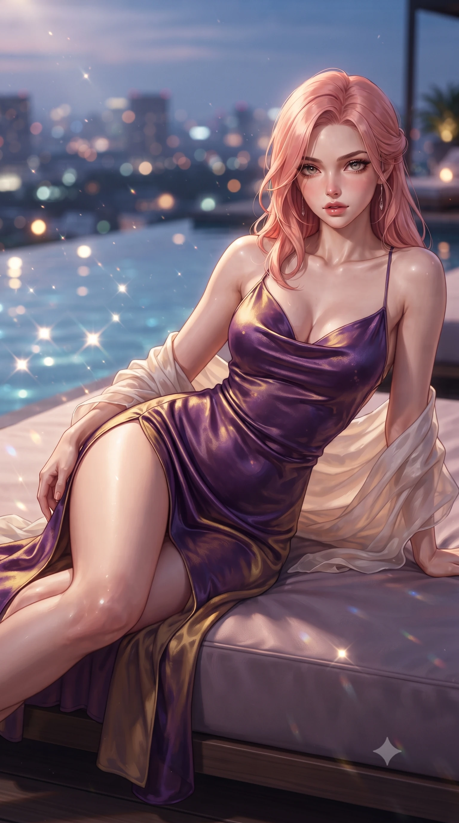 score_9, masterpiece, best quality, ultra-detailed, high-budget anime keyframe, editorial fashion photography, tasteful artistic composition, Japanese woman. close-up cowboy shot from the waist and thighs up, the character dominates the composition, filling the frame with her large presence. leaning back with relaxed seductive grace, her sculpted collarbones and narrow waist highlighted as she casts smoldering bedroom-eyes directly into the camera while reclining on her side across a floating velvet infinity daybed, one leg extended and torso propped on one elbow to accentuate the sweeping line of her curvy hips. The composition keeps background elements in soft focus with creamy bokeh. shimmering pool caustics and city light reflections scattering radiant light motes across the deck. She has an exceptionally elegant, slender, and willowy female figure with an ultra-slim waist, a gracefully sculpted slender torso, toned flat midriff, and rounded feminine hips creating an alluring hourglass silhouette. sharp v-shaped jawline, high-bridge nose, intricate jewel-like eyes with depth, thick eyelashes, glossy parted lips with a natural sheen, intensely captivating and seductive bedroom-eyes expression, flawlessly proportioned anatomical accuracy, strict slender model proportions, natural body alignment, perfectly sculpted long slender limbs, ultra-slim waistline, clean dynamic posture without body distortion. wearing a backless cowl-neck satin slip dress featuring high-cut side hip slits and delicate criss-cross back straps in imperial purple velvet and antique gold, woven from layered gossamer chiffon with a weightless sweeping drape, finished with a gossamer silk shawl draped loosely over her elbows, the second-skin form-contouring cut accentuating her sculpted flat midriff, narrow waistline, and dramatically curvy hips without adding bulk. surrounded by a cosmopolitan, elite, and intensely magnetic modern royalty aura. ultra-reflective glossy finish, specular highlights, rich textural contrasts, high-contrast stereoscopic depth, volumetric dynamic lighting, 2k, ultra detail, master piece, 9:16 ratio