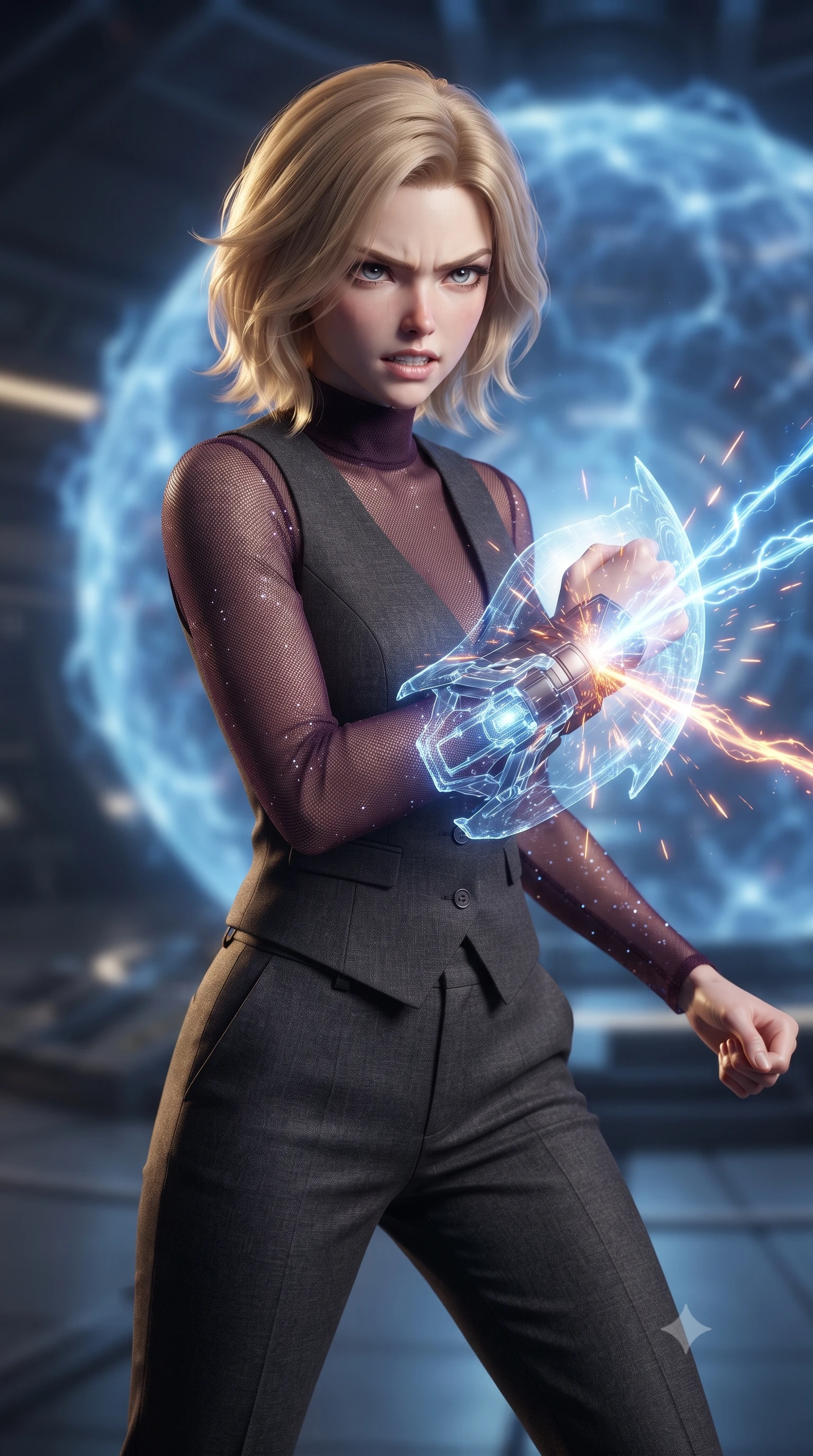 score_9, masterpiece, best quality, ultra-detailed, high-budget anime keyframe, editorial fashion photography, tasteful artistic composition, realistic cosplay photography, Caucasian woman, strictly human ears. close-up cowboy shot from the waist and thighs up, the character dominates the composition, filling the frame with her large presence, background elements kept in soft focus. Deflecting incoming plasma bolts with a glowing energy shield attached to her forearm, teeth grit in determination. set against a soft-focus background of inside a flagship reactor room, a colossal blue plasma shield generator pulsing with defensive energy barriers. She has an exceptionally elegant and slender, willowy female figure with an ultra-slim waist, a gracefully sculpted slender torso, and a refined slim physique. sharp v-shaped jawline, high-bridge nose, intricate jewel-like eyes with depth, thick eyelashes, glossy lips with a natural sheen. wearing catching and diffusing the glowing particles, shimmering softly in response to the surrounding light, a tailored high-neck sheer mesh top in a dark plum color, layered under a tailored charcoal wool vest and matching pants. dramatic chiaroscuro with a single golden key light sculpting her silhouette. ultra-reflective glossy finish, specular highlights, metallic sheen, high-contrast stereoscopic depth, volumetric dynamic lighting, 2k, ultra detail, master piece, 9:16 ratio