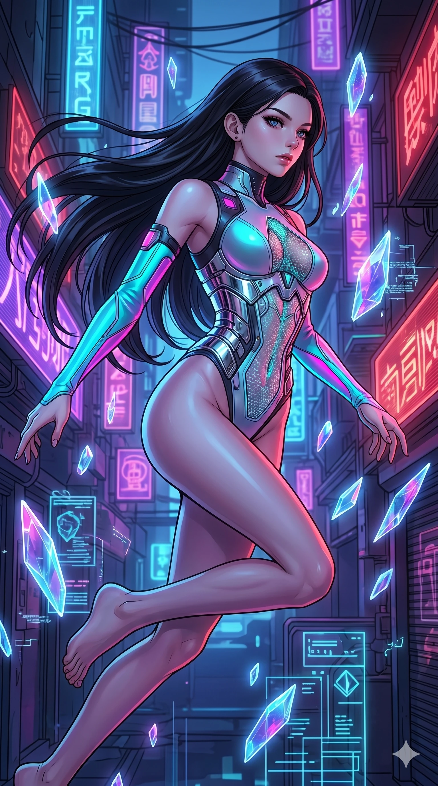 score_9, masterpiece, best quality, ultra-detailed, high-budget anime movie keyframe, cinematic anime lighting, intricate line art, Caucasian (strictly human ears) woman. Medium shot of upper body capturing the intricate details of her high-fashion attire. leaping gracefully in a neon-lit cyberpunk alleyway surrounded by floating data-shards. She has an absolutely perfect 8-heads proportion, an exceptionally tall and slender female figure with an ultra-slim waist and impossibly long slender legs. sharp v-shaped jawline, high-bridge nose, intricate jewel-like eyes, thick eyelashes, glossy lips. Wearing asymmetrical high-cut tech-bodysuit with detached glowing sleeves, chrome-plated mechanical corset, and bioluminescent mesh panels clinging to her slender figure. The scene is illuminated by dramatic atmospheric lighting and vibrant color palettes. , 2k, ultra detail, master piece, 9:16 ratio