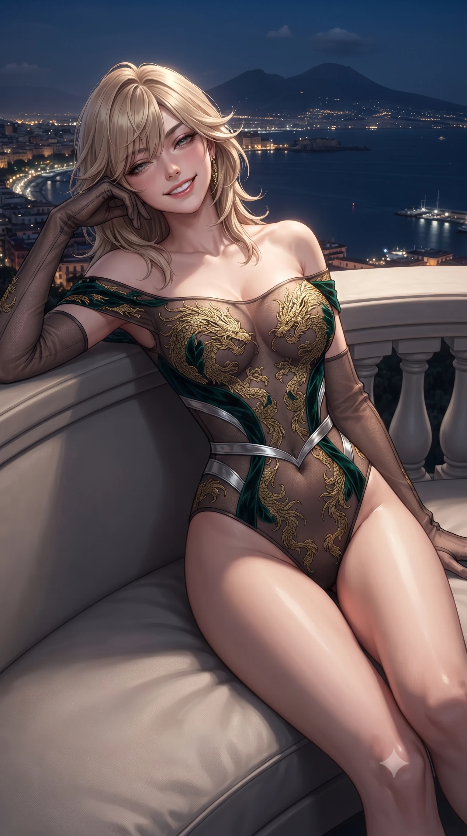 score_9, masterpiece, best quality, ultra-detailed, high-budget anime keyframe, editorial fashion photography, tasteful artistic composition, Japanese woman. close-up cowboy shot from the waist and thighs up, the character dominates the composition, filling the frame with her large presence. leaning back against the balustrade with relaxed seductive grace, head tilted back slightly while casting a hypnotic, heavy-lidded gaze while lounging in the modern minimalist leather lounge seat propped on one elbow, her statuesque 8.5-heads silhouette commanding the nocturnal Bay of Naples. The surrounding environment is rendered in vivid detail and crisp panoramic clarity: detailed alluring sheer illusion mesh gown, liquid silver ribbons contouring flat midriff, and cliffside engineering in high resolution. She has an exceptionally elegant, slender, and willowy female figure with an ultra-slim waist, flat toned midriff, narrow ribcage, and sculpted feminine hips creating an alluring, slim hourglass silhouette without bulk. sharp v-shaped jawline, high-bridge nose, intricate jewel-like sparkling eyes with depth, thick eyelashes, glossy parted lips with a natural peach sheen, bright cheerful beaming smile with an enchanting and coquettish sensual glint, exuding both youthful cute charm and seductive allure, flawlessly proportioned anatomical accuracy, strict slender model proportions, natural body alignment, perfectly sculpted long slender limbs, ultra-slim waistline, clean dynamic posture without body distortion. wearing an off-the-shoulder sheer illusion mesh evening bodysuit with gold dragon-scale embroidery contouring her hourglass waist in Mayfair midnight noir and emerald velvet green, made of fluid liquid jersey with seamless sculpting hold and smooth contours, complemented by sheer opera-length evening gloves tracing her slender arms, the second-skin tailored fabric adhering flawlessly to her sculpted flat midriff and slender torso, emphasizing her long leg lines and perfectly proportioned willowy build. illuminated by glass reflection fill and sharp platinum-gold rim lights sculpting her jawline, narrow waist, and curvy hips. ultra-reflective glossy finish, specular highlights, rich textural contrasts, high-contrast stereoscopic depth, volumetric dynamic lighting, 2k, ultra detail, master piece, 9:16 ratio