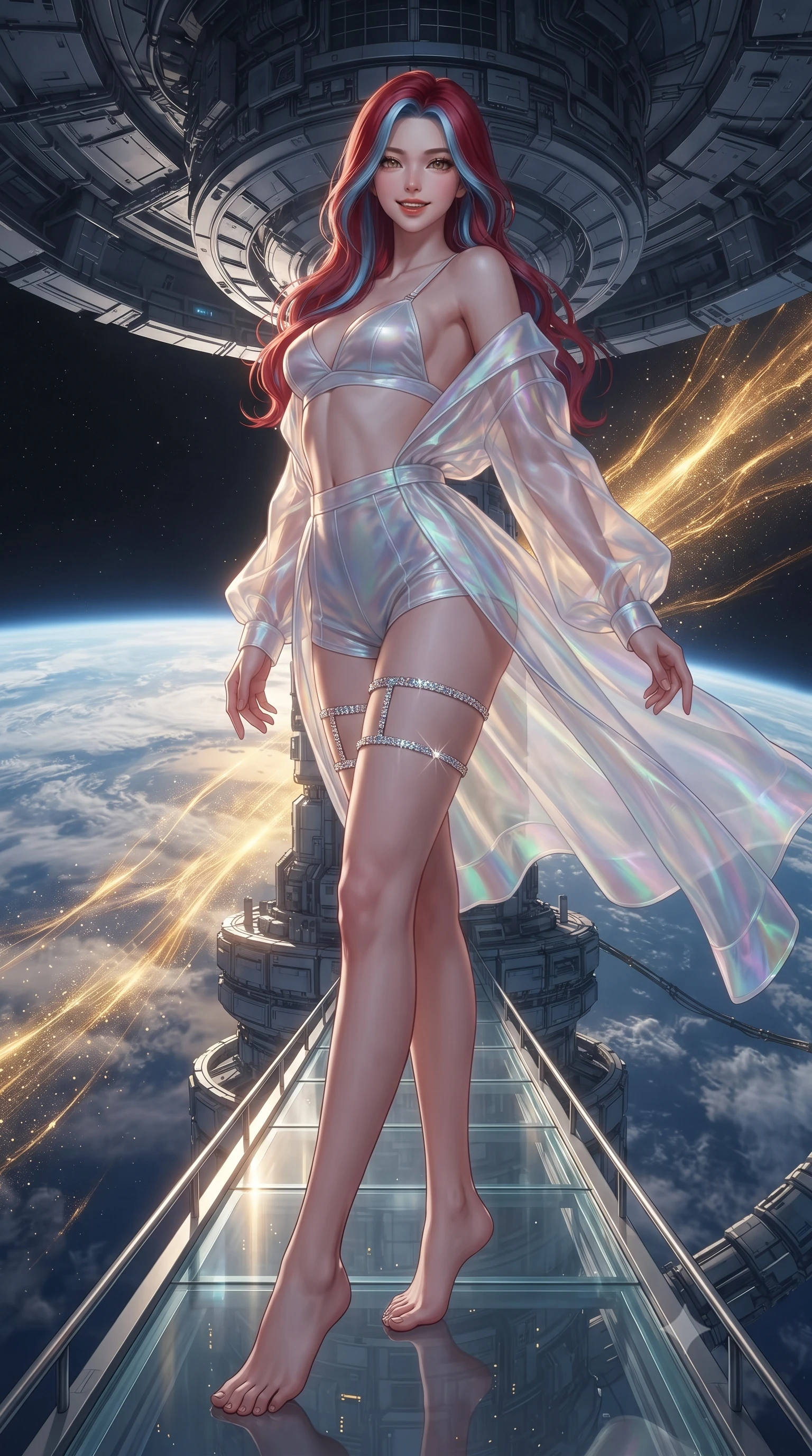 score_9, masterpiece, best quality, ultra-detailed, high-budget anime keyframe, editorial fashion photography, tasteful artistic composition, Caucasian woman. low angle full-body shot from head to toe showing her feet, filling the entire 9:16 vertical frame with her statuesque presence, stretching her vertical silhouette. reclining gracefully across the plush chaise lounge with one leg extended, her sculpted silhouette and flat midriff radiating magnetic nocturnal glamour while standing poised on the narrow transparent catwalk of the external sensor spire high above Earth, arching her lower back as golden solar wind filaments shimmer past. The surrounding environment is rendered in vivid detail and crisp panoramic clarity: detailed high-tech tactical gear, sleek bodycon lines, and colossal satellite engineering in high resolution. She has an exceptionally tall and slender model-like 8.5-heads proportion, an ultra-slim waist, a flat toned midriff, narrow delicate ribcage, and beautifully sculpted feminine hips creating a graceful, slim hourglass silhouette without any bulky heaviness, with impossibly long slender legs. sharp v-shaped jawline, high-bridge nose, intricate jewel-like sparkling eyes with depth, thick eyelashes, glossy parted lips with a natural peach sheen, bright cheerful beaming smile with an enchanting and coquettish sensual glint, exuding both youthful cute charm and seductive allure, flawlessly proportioned anatomical accuracy, strict slender model proportions, natural body alignment, perfectly sculpted long slender limbs, ultra-slim waistline, clean dynamic posture without body distortion. wearing a translucent iridescent organza tactical robe slipping off bare shoulders over a matching satin micro-bralette and combat shorts in holographic prismatic pearl and aerospace white, made of sheer gossamer chiffon that drapes softly against skin with airy translucence, finished with delicate crystal-encrusted thigh garter straps glinting in the dim light, the bespoke structured tailoring following the natural line of her 8.5-heads silhouette with refined elegance. illuminated by Earth albedo reflection bounce and intense solar-gold rim lights defining her razor-sharp jawline, narrow waist, and curvy hips. ultra-reflective glossy finish, specular highlights, rich textural contrasts, high-contrast stereoscopic depth, volumetric dynamic lighting, 2k, ultra detail, master piece, 9:16 ratio