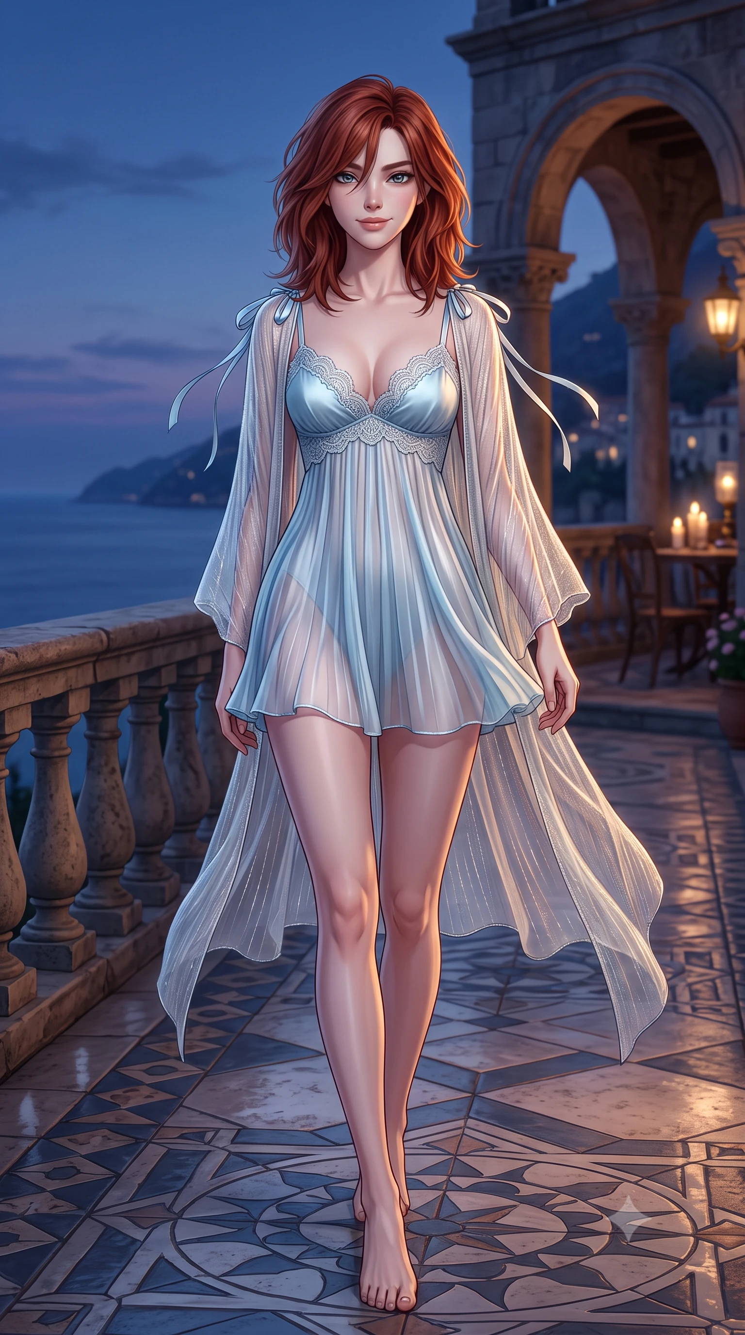 score_9, masterpiece, best quality, ultra-detailed, high-budget anime keyframe, semi-realistic 3D game render, editorial fashion photography, tasteful artistic composition, Korean woman. close-up cowboy shot from the waist and thighs up, the character dominates the composition, filling the frame with her large presence. leaning forward while arching her lower back to accentuate her curvy hips, looking into the camera with an intoxicating smoldering gaze and bedroom-eyes while walking slowly along the tiled terrace with tall model strides, evening sea breezes molding her sheer gown to her slender legs. The surrounding environment is rendered in vivid detail and crisp panoramic clarity: detailed sheer metallic-threaded gossamer caftan drape, micro satin bralette cling, and historic Amalfi stonecraft in high resolution. She has an exceptionally elegant, slender, and willowy female figure with an ultra-slim waist, flat toned midriff, narrow ribcage, and sculpted feminine hips creating an alluring, slim hourglass silhouette without bulk. sharp v-shaped jawline, high-bridge nose, intricate jewel-like sparkling eyes with depth, thick eyelashes, glossy parted lips with a natural peach sheen, bright cheerful beaming smile with an enchanting and coquettish sensual glint, exuding both youthful cute charm and seductive allure, flawlessly proportioned anatomical accuracy, strict slender model proportions, natural body alignment, perfectly sculpted long slender limbs, ultra-slim waistline, clean dynamic posture without body distortion. wearing a form-contouring sheer pleated georgette baby-doll slip with plunging sweetheart neckline and scalloped lace trim in Tromsø icy arctic blue and frosted platinum, crafted from fluid liquid silk satin that clings smoothly to her narrow waist and rounded hips with a dewy sheen, finished with satin ribbon ties at the shoulders fluttering in the gentle breeze, the glove-like clinging cut tightly following the natural contour of her hips and long slender legs with youthful 8.5-heads elegance. illuminated by terrace tile reflection bounce and sharp flame-gold rim lights sculpting her razor-sharp jawline, narrow waist, and curvy hips. highly saturated vibrant anime colors, detailed shading with soft gradients, rich glossy textures, high-contrast stereoscopic depth, volumetric dynamic lighting, master piece, 9:16 ratio