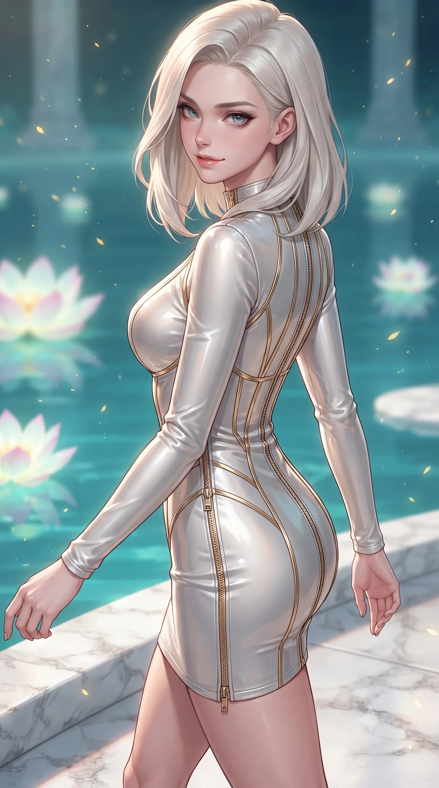 score_9, masterpiece, best quality, ultra-detailed, high-budget anime keyframe, editorial fashion photography, tasteful artistic composition, Caucasian woman. close-up cowboy shot from the waist and thighs up, the character dominates the composition, filling the frame with her large presence, background elements kept in soft focus. Glancing sidelong over her shoulder with a smoldering half-smile, walking across a floating white marble bridge surrounded by bioluminescent lotus petals, glowing pollen dust drifting gently through the serene atmosphere. She has an exceptionally elegant, slender, and willowy female figure with an ultra-slim waist, a gracefully sculpted slender torso, and a refined silhouette. sharp v-shaped jawline, high-bridge nose, intricate jewel-like eyes with depth, thick eyelashes, glossy lips with a natural sheen. wearing precision-fitted bodycon dress in high-gloss liquid pearl vinyl in radiant platinum, made of liquid mercury jersey, finished with metallic gold boning and sleek zipper points, contouring every curve with an exceptionally elegant silhouette. bathed in serene turquoise water reflections and bright pastel highlights. highly saturated vibrant anime colors, detailed shading with soft gradients, rich glossy textures, high-contrast stereoscopic depth, volumetric dynamic lighting, master piece, 9:16 ratio