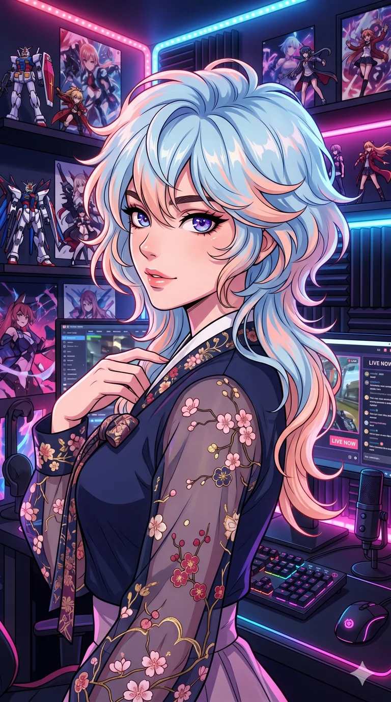 score_9, masterpiece, best quality, ultra-detailed, high-budget anime keyframe, vibrant colors and expressive line art, an incredibly beautiful Caucasian woman (strictly human ears). Medium shot of upper body focusing on her alluring and cute features and her cotton-candy hair with fluffy textures of light blue and soft peach, filling the vertical 9:16 frame. She is looking over her shoulder with an alluring and sweet expression. She has a sharp v-shaped jawline, high-bridge nose, intricate jewel-like eyes, thick eyelashes, and glossy lips. She possesses an absolutely perfect 8-heads proportion and a slim-fit silhouette. She is wearing a cute modern hanbok-fusion blouse with sheer fabric sleeves and floral embroidery, highlighting her alluring silhouette. a high-tech gaming room with cascading RGB light strips, dramatic rim lighting, cinematic shadows, 2k, ultra detail, master piece, 9:16 ratio