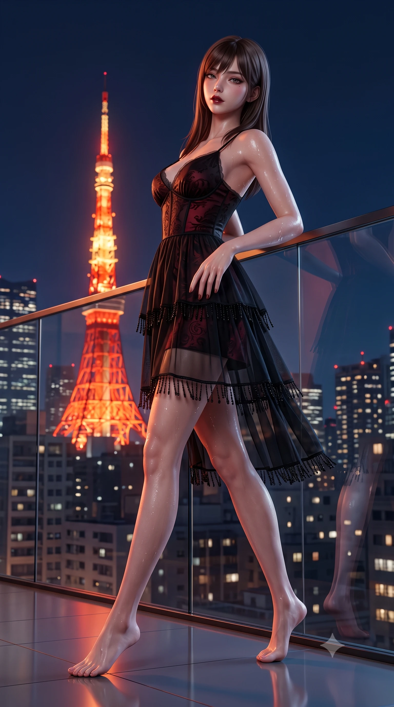 score_9, masterpiece, best quality, ultra-detailed, high-budget anime keyframe, semi-realistic 3D game render, editorial fashion photography, tasteful artistic composition, Korean woman. low angle full-body shot from head to toe showing her feet, filling the entire 9:16 vertical frame with her statuesque presence, stretching her vertical silhouette. striding forward gracefully across the reflective floor with sovereign supermodel poise, hips swaying in an alluring kinetic rhythm that accentuates her curvy hourglass silhouette and long slender legs while leaning back against the sleek glass parapet with hips cocked back, casting an intoxicating, sultry bedroom-gaze over a bare shoulder toward the lens. The surrounding environment is rendered in vivid detail and crisp panoramic clarity. detailed evening wear sheen, glistening moisture on skin, and Tokyo skyline architectural precision in high resolution. She has an exceptionally tall and slender model-like 8.5-heads proportion, an ultra-slim waist, a flat toned midriff, narrow delicate ribcage, and beautifully sculpted feminine hips creating a graceful, slim hourglass silhouette without any bulky heaviness, with impossibly long slender legs. sharp v-shaped jawline, high-bridge nose, intricate jewel-like dark sparkling eyes with dangerous depth, thick curled eyelashes, glossy parted lips with a rich wine sheen, smoldering seductive half-smile with bedroom-eyes, exuding effortless superiority and intoxicating dark allure, flawlessly proportioned anatomical accuracy, strict slender model proportions, natural body alignment, perfectly sculpted long slender limbs, ultra-slim waistline, clean dynamic posture without body distortion. wearing a tiered semi-sheer black tulle and silk slip dress with an ultra-slim corseted waist and bare shoulders in ruby crimson and muted shadow black, tailored from rich silk jacquard with subtle embossed baroque patterns, accented with fine jet-black beaded tassels that sway with each movement, the liquid-tight tailored fabric clinging flawlessly to her narrow waist and rounded feminine hips, emphasizing every millimeter of her sculpted slim hourglass curves without any bulky heaviness. bathed in the warm radiant scarlet and orange glow of Tokyo Tower contrasted with deep midnight navy skies. highly saturated vibrant anime colors, detailed shading with soft gradients, rich glossy textures, high-contrast stereoscopic depth, volumetric dynamic lighting, master piece, 9:16 ratio