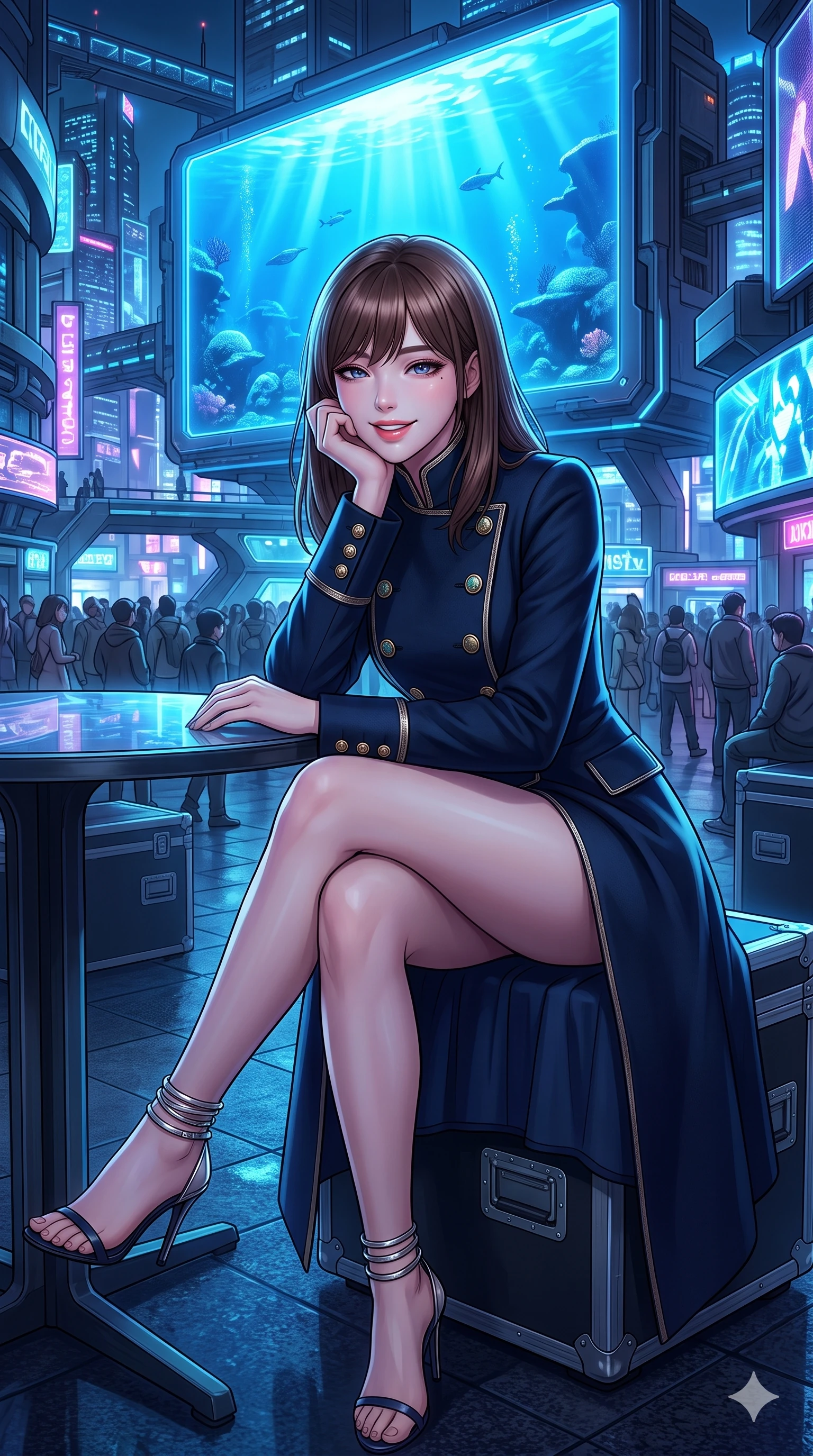 score_9, masterpiece, best quality, ultra-detailed, high-budget anime keyframe, editorial fashion photography, tasteful artistic composition, Korean woman. close-up cowboy shot from the waist and thighs up, the character dominates the composition, filling the frame with her large presence. resting one elbow on the table and supporting her chin, leaning close to the camera with heavy-lidded sparkling eyes and parted lips while sitting gracefully on the arcade equipment case with legs crossed, flashing an enchanting smile with parted glossy lips. The surrounding environment is rendered in vivid detail and crisp panoramic clarity: detailed garment drape, second-skin fit, and bustling futuristic streetscape in high resolution. She has an exceptionally elegant, slender, and willowy female figure with an ultra-slim waist, flat toned midriff, narrow ribcage, and sculpted feminine hips creating an alluring, slim hourglass silhouette without bulk. sharp v-shaped jawline, high-bridge nose, intricate jewel-like sparkling eyes with depth, thick eyelashes, glossy parted lips with a natural peach sheen, bright cheerful beaming smile with an enchanting and coquettish sensual glint, exuding both youthful cute charm and seductive allure, flawlessly proportioned anatomical accuracy, strict slender model proportions, natural body alignment, perfectly sculpted long slender limbs, ultra-slim waistline, clean dynamic posture without body distortion. wearing a structured high-collar Victorian opera greatcoat in midnight navy wool with polished brass crest buttons in celadon jade and antique gold-leaf, tailored from high-density tech-wool with subtle metallic thread weave, complemented by strappy stiletto sandals with metallic ankle wraps accentuating her slender calves, the bespoke structured tailoring following the natural line of her 8.5-heads silhouette with refined elegance. bathed in the glowing azure and indigo illumination of the monumental virtual aquarium billboard. ultra-reflective glossy finish, specular highlights, rich textural contrasts, high-contrast stereoscopic depth, volumetric dynamic lighting, 2k, ultra detail, master piece, 9:16 ratio