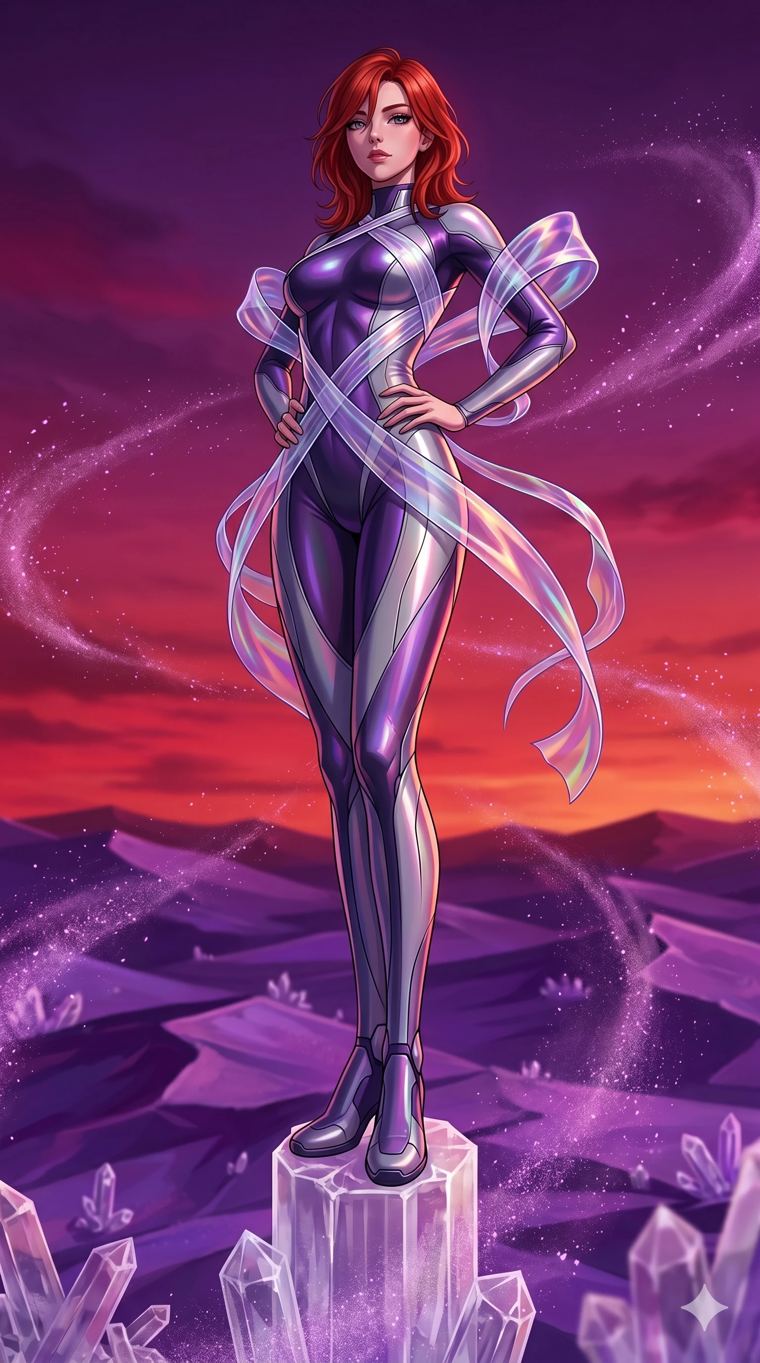 score_9, masterpiece, best quality, ultra-detailed, high-budget anime keyframe, Caucasian woman, strictly human ears. low angle full-body shot filling the entire 9:16 frame with her statuesque presence, stretching the vertical silhouette. standing atop a transparent salt crystal tower in a purple crystalline desert as winds blow shimmering purple dust under a crimson sunset. She has an absolutely perfect 8-heads proportion, an exceptionally tall and slender female figure with impossibly long slender legs and an ultra-slim waist. V-shaped jawline, high-bridge nose, intricate jewel-like eyes with depth, thick eyelashes, glossy lips with a natural sheen.. wearing a cybernetic bodysuit with a holographic ribbon, featuring a skin-tight contouring bodysuit wrapped in a translucent flowing holographic organza ribbon. accented by dynamic color-blocked lighting with high-contrast shadows emphasizing her statuesque height. 2k, ultra detail, master piece, 9:16 ratio