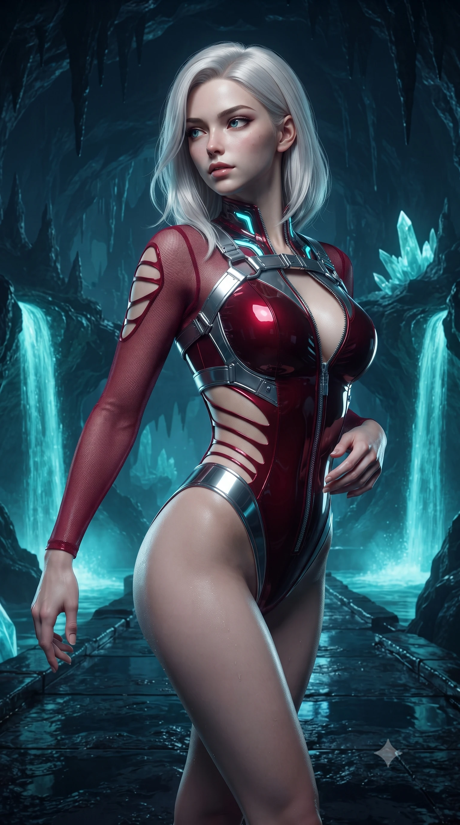 score_9, masterpiece, best quality, ultra-detailed, high-budget anime keyframe, editorial fashion photography, tasteful artistic composition, Caucasian woman. close-up cowboy shot from the waist and thighs up, the character dominates the composition, filling the frame with her large presence. twisting her upper body in a dynamic S-curve with an alluring smolder, one hand trailing along her slender waist while stepping along a black quartz pathway flanked by cascading bioluminescent turquoise waterfalls. The surrounding environment is rendered in vivid detail and crisp panoramic clarity. deep chiaroscuro subterranean cavern details captured with environmental precision. She has an exceptionally elegant, slender, and willowy female figure with an ultra-slim waist, a gracefully sculpted slender torso, and a refined silhouette. sharp v-shaped jawline, high-bridge nose, intricate jewel-like eyes with depth, thick eyelashes, glossy lips with a natural sheen, flawlessly proportioned anatomical accuracy, natural body alignment, perfectly sculpted elegant limbs, clean dynamic posture without body distortion. wearing an ultra-sleek high-cut tech-bodysuit featuring dangerous diagonal slitted cutouts on the midriff and shoulders, reinforced by a metallic silver harness and sheer mesh sleeves in deep ruby red and polished chrome accents, formed from high-gloss patent material with specular light reflections, featuring a dangerously unzipped neckline framed by glowing cybernetic accents, the liquid-tight fabric adhering flawlessly to her sculpted torso and slender silhouette. illuminated by crisp white specular highlights and deep indigo ambient shadow. ultra-reflective glossy finish, specular highlights, metallic sheen, high-contrast stereoscopic depth, volumetric dynamic lighting, 2k, ultra detail, master piece, 9:16 ratio