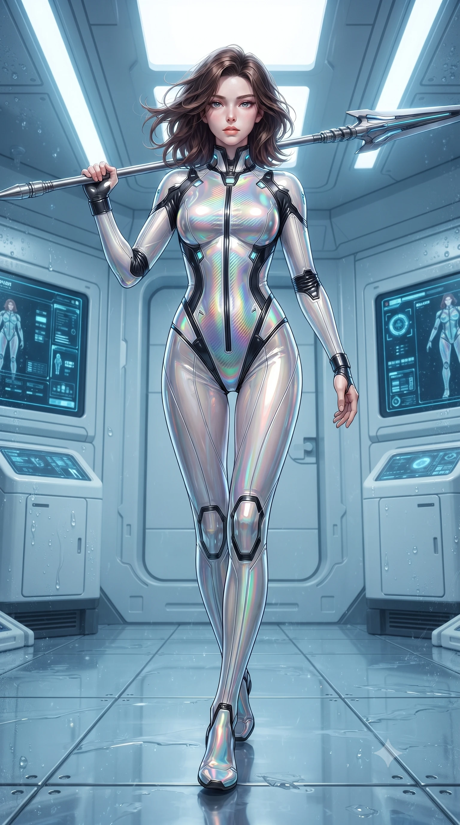 score_9, masterpiece, best quality, ultra-detailed, high-budget anime keyframe, editorial fashion photography, tasteful artistic composition, Korean woman. low angle full-body shot from head to toe showing her feet, filling the entire 9:16 vertical frame with her statuesque presence, stretching her vertical silhouette. striding forward with commanding supermodel grace, weapon held at the ready, her 8.5-heads statuesque silhouette dominating the vertical frame from head to toe while stepping across ice-slicked laboratory tiles with spear balanced horizontally, radiating sovereign arctic composure. The surrounding environment is rendered in vivid detail and crisp panoramic clarity. detailed cryo-pod control interfaces, condensation beads, and carbon suit thermal seams in high resolution. She has an absolutely perfect, statuesque 8.5-heads proportion, an exceptionally tall and slender model-like female figure with impossibly long slender legs, a toned flat midriff, and an ultra-slim waist. sharp v-shaped jawline, high-bridge nose, intricate jewel-like eyes with depth, thick eyelashes, glossy lips with a natural sheen, flawlessly proportioned anatomical accuracy, strict slender model proportions, natural body alignment, perfectly sculpted long slender limbs, ultra-slim waistline, clean dynamic posture without body distortion. wearing a high-gloss iridescent rainbow carbon-weave bodysuit with translucent cybernetic panels, brandishing dual sleek chrome particle beam pistols in a dynamic combat stance in monochrome white enamel carbon with high-contrast black panels, made of lightweight aerodynamic carbon-titanium alloy with polished edge bevels, featuring a sleek aerodynamic collar framed by subtle glowing cybernetic status LEDs, the liquid-tight tailored fabric emphasizing every curve of her tall, slender model proportions and sculptured silhouette during dynamic movement. illuminated by crisp specular ice refractions outlining her ultra-slim waist, long legs, and flat midriff. ultra-reflective glossy finish, specular highlights, dark metallic sheen, high-contrast stereoscopic depth, volumetric dynamic lighting, 2k, ultra detail, master piece, 9:16 ratio