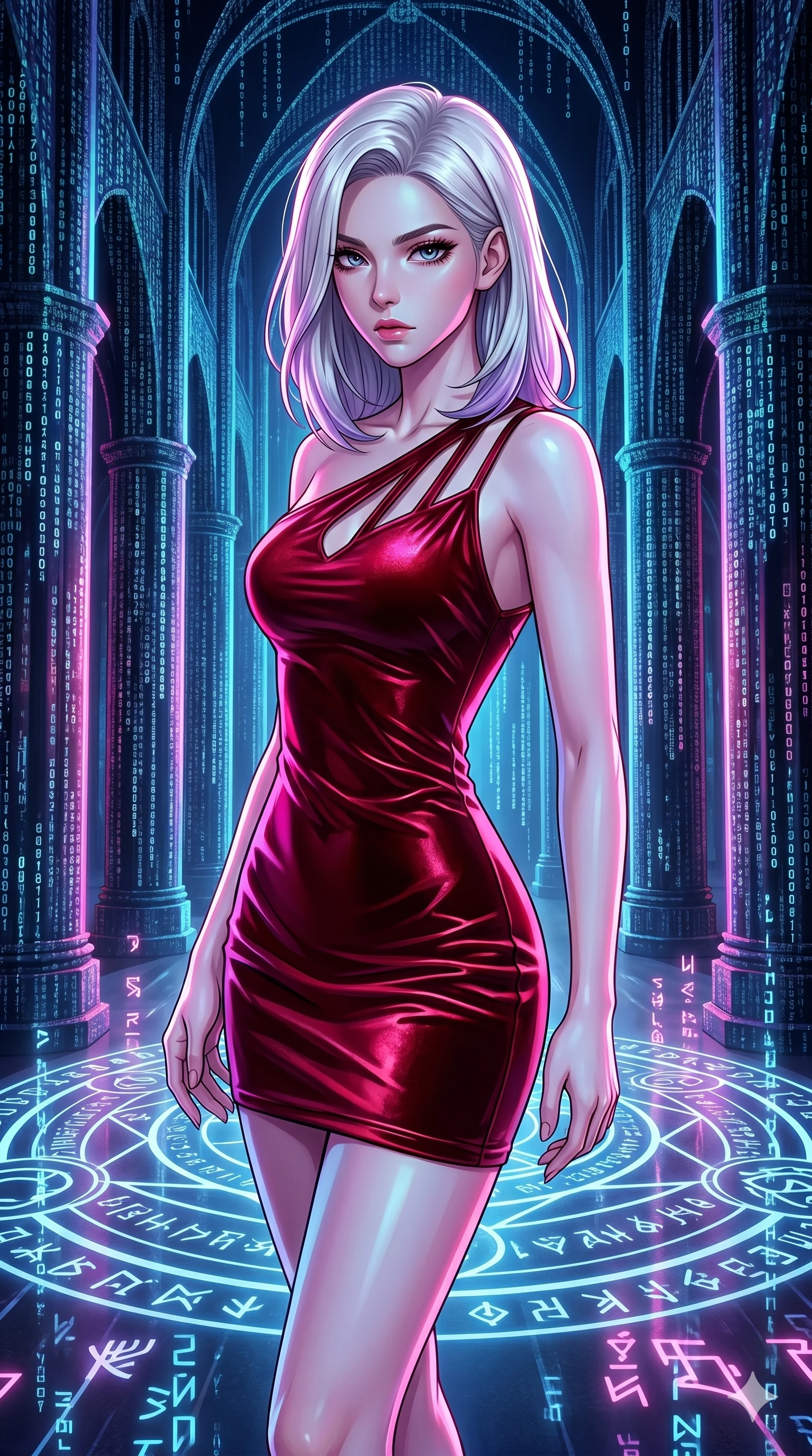 score_9, masterpiece, best quality, ultra-detailed, high-budget anime keyframe, editorial fashion photography, tasteful artistic composition, Caucasian woman, strictly human ears. upper body close-up from the thighs up, character filling the screen for maximum presence. twisting her body around through a digital cathedral with towering pillars made of cascading cyber-code as glowing runes and symbols fade in and out on the ground. She has an absolutely perfect 8-heads proportion, an exceptionally tall and slender female figure with impossibly long slender legs and an ultra-slim waist. V-shaped jawline, high-bridge nose, intricate jewel-like eyes with depth, thick eyelashes, glossy lips with a natural sheen.. wearing an asymmetric liquid velvet slip dress, featuring a wet-look deep crimson red velvet one-shoulder mini slip with asymmetric geometric cutout trim. lit by high-contrast neon strobes that carve out her dynamic posture and V-shaped jawline. 2k, ultra detail, master piece, 9:16 ratio