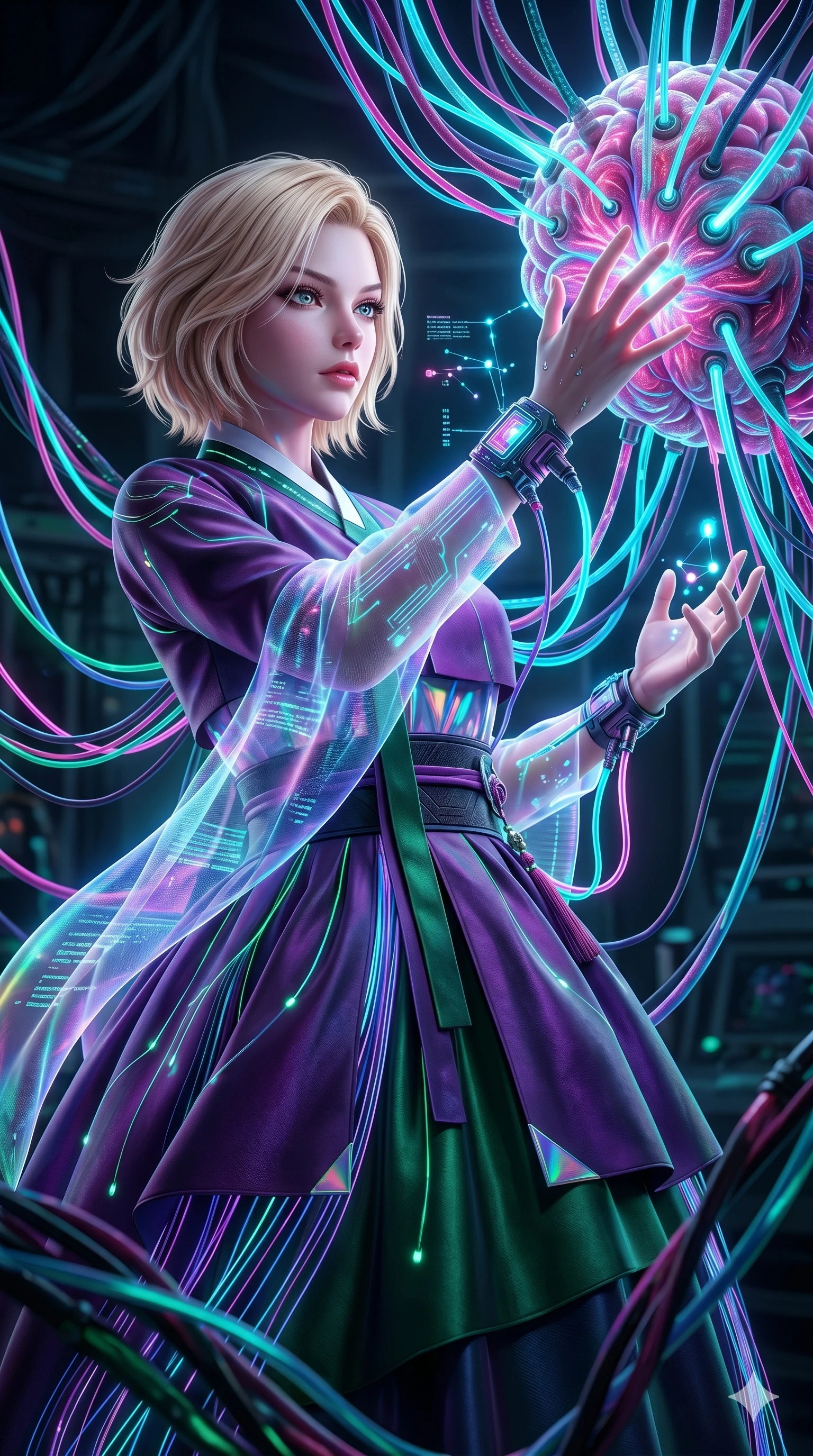 score_9, masterpiece, best quality, ultra-detailed, photorealistic 8k CG, hyper-detailed textures, ray-tracing, Korean woman. Low angle cowboy shot capturing a powerful motion and statuesque presence. hacking into a bio-organic mainframe with glowing data-cables. She has an graceful and slender female figure with elegant proportions. strictly human anatomy, two legs only, no extra limbs, clearly defined legs and arms, well-defined anatomy, perfect hands and fingers. sharp v-shaped jawline, high-bridge nose, intricate jewel-like eyes, thick eyelashes, glossy lips. Wearing Modern Traditional: Modernized cyber-hanbok with elegant silk robes and holographic accents. The scene is illuminated by dramatic atmospheric lighting and vibrant color palettes. , 2k, ultra detail, master piece, 9:16 ratio