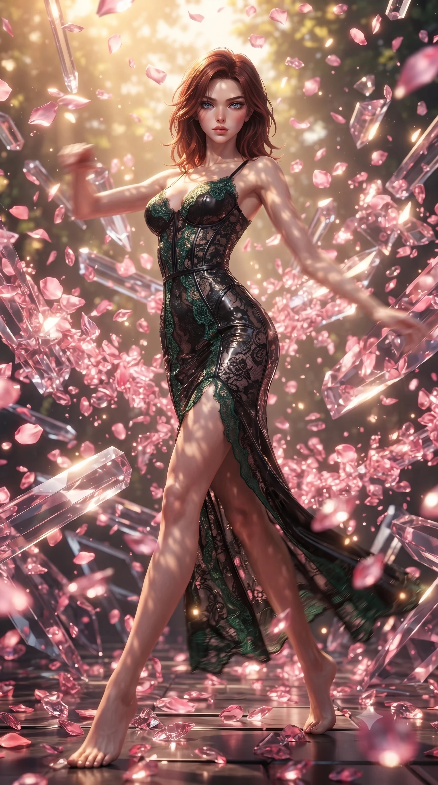 score_9, masterpiece, best quality, ultra-detailed, high-budget anime keyframe, editorial fashion photography, tasteful artistic composition, realistic cosplay photography, Korean woman. low angle full-body shot from head to toe showing her feet, filling the entire 9:16 vertical frame with her statuesque presence, stretching her vertical silhouette. weaving gracefully through a barrage of glowing obstacles in a blur of motion inside a whirlwind of thousands of rose petals made of pink crystal, colliding and chiming like glass bells. She has a statuesque 8.5-heads proportion, an exceptionally tall, slender and willowy model-like build with impossibly long legs and a highly sculpted ultra-slim waist. sharp v-shaped jawline, high-bridge nose, intricate jewel-like eyes with depth, thick eyelashes, glossy lips with a natural sheen. wearing catching and diffusing the glowing particles, shimmering softly in response to the surrounding light, a body-hugging deconstructed lace gown in black, detailed with forest green lace panels and corset structure. warm golden afternoon sunbeams casting soft organic leaf shadows across her skin. ultra-reflective glossy finish, specular highlights, metallic sheen, high-contrast stereoscopic depth, volumetric dynamic lighting, 2k, ultra detail, master piece, 9:16 ratio