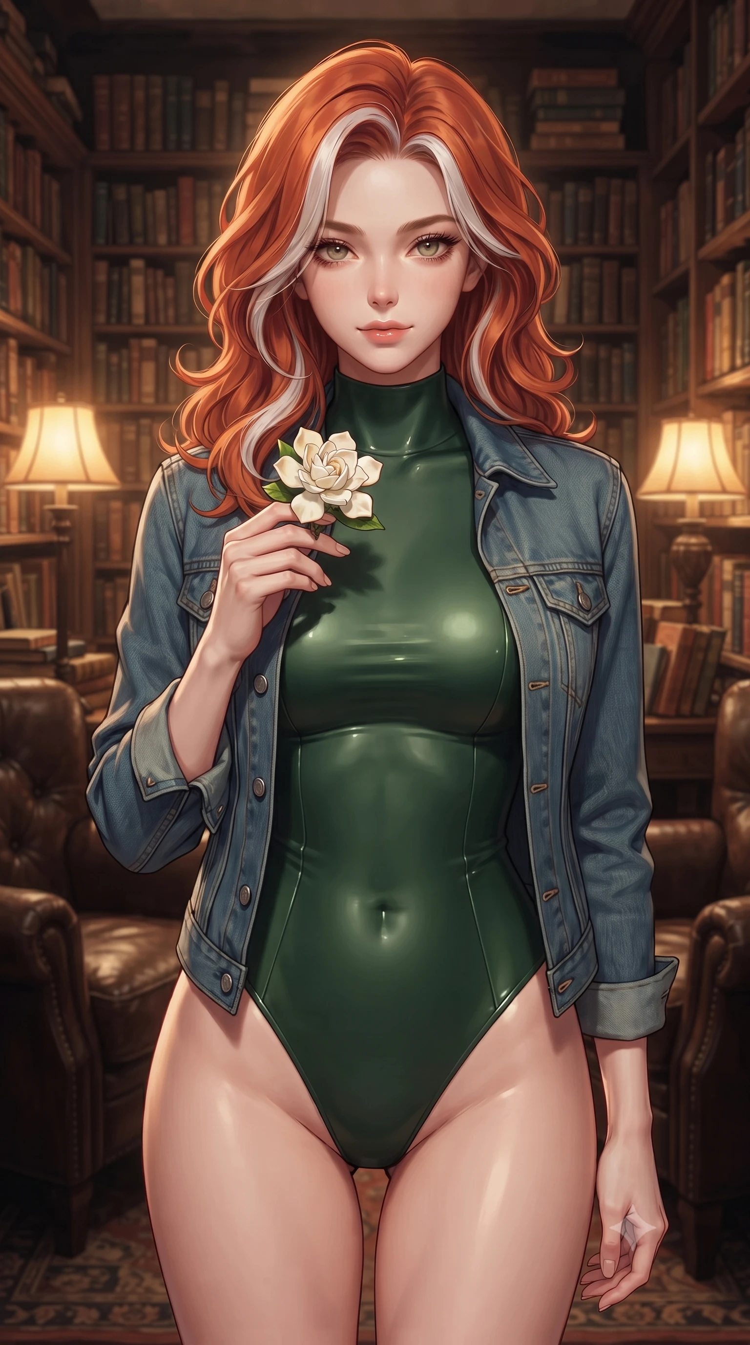 score_9, masterpiece, best quality, ultra-detailed, high-budget anime keyframe, editorial fashion photography, tasteful artistic composition, Caucasian woman woman. close-up cowboy shot from the waist and thighs up, the character dominates the composition, filling the frame with her large presence, background elements kept in soft focus. gazing directly at the viewer with a calm and welcoming expression, holding a fresh flower the background shows a soft-focus a corner of an old bookstore with towering shelves, comfortable leather armchairs, and warm lamps. She has an exceptionally elegant, slender, and willowy female figure with an ultra-slim waist, a gracefully sculpted slender torso, and a refined silhouette. sharp v-shaped jawline, high-bridge nose, intricate jewel-like eyes with depth, thick eyelashes, glossy lips with a natural sheen. wearing a tailored form-contouring high-neck bodysuit in dark green, worn under a tailored open denim jacket. warm yellow lamplight casting cozy, soft shadows on the books. ultra-reflective glossy finish, specular highlights, metallic sheen, high-contrast stereoscopic depth, volumetric dynamic lighting, 2k, ultra detail, master piece, 9:16 ratio