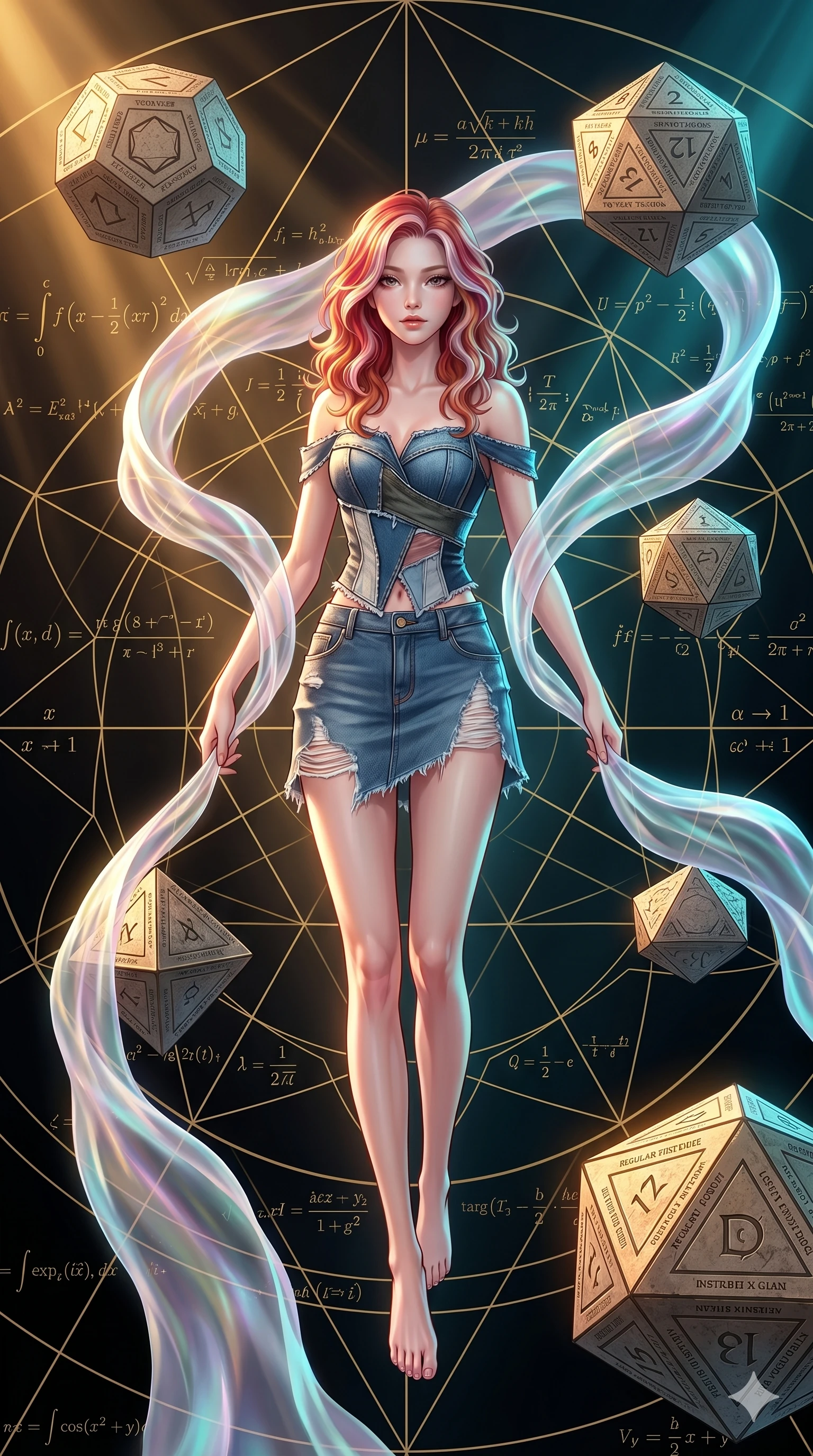 score_9, masterpiece, best quality, ultra-detailed, high-budget anime keyframe, Japanese woman. low angle full-body shot filling the entire 9:16 frame with her statuesque presence, stretching the vertical silhouette. floating gracefully in a mathematical mandala void filled with golden geometric lines of complex formulas, holding a translucent ribbon as she glides between floating regular polyhedrons. She has an absolutely perfect 8-heads proportion, an exceptionally tall and slender female figure with impossibly long slender legs and an ultra-slim waist. V-shaped jawline, high-bridge nose, intricate jewel-like eyes with depth, thick eyelashes, glossy lips with a natural sheen.. wearing a deconstructed denim corset and an asymmetric ripped denim micro-skirt, showcasing a rugged yet chic off-shoulder style. showcasing a beautiful play of light and shadow, with warm golden rays clashing against cool cyan highlights. 2k, ultra detail, master piece, 9:16 ratio