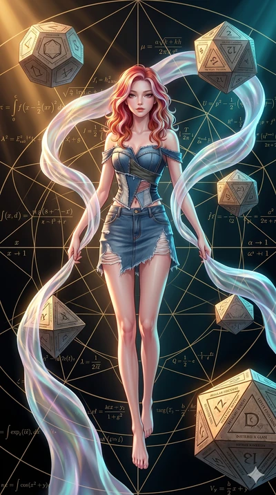 score_9, masterpiece, best quality, ultra-detailed, high-budget anime keyframe, Japanese woman. low angle full-body shot filling the entire 9:16 frame with her statuesque presence, stretching the vertical silhouette. floating gracefully in a mathemat