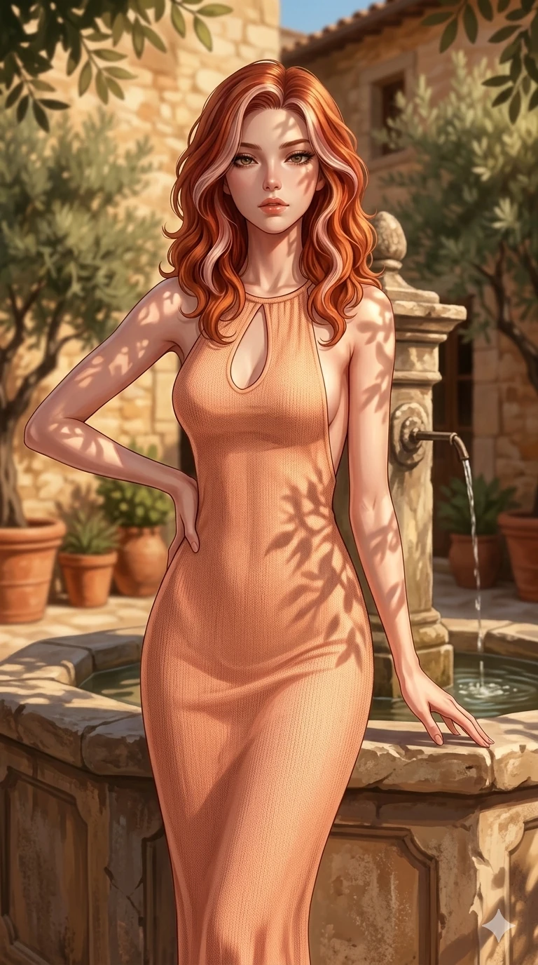 score_9, masterpiece, best quality, ultra-detailed, high-budget anime keyframe, editorial fashion photography, tasteful artistic composition, Caucasian woman, strictly human ears. cowboy shot from the thighs up, character and outfit filling the frame for maximum editorial presence. looking down at the viewer with a haughty, composed and cool expression, her shoulders relaxed standing by a rustic stone fountain in a quiet private courtyard of a Tuscan villa (Code-P147). She has an absolutely perfect 8-heads proportion, an exceptionally tall and slender female figure with impossibly long slender legs and an ultra-slim waist. V-shaped jawline, high-bridge nose, intricate jewel-like eyes with depth, thick eyelashes, glossy lips with a natural sheen. wearing a form-fitting peach-colored knit dress with an elegant keyhole cutout and bare back design. bathed in warm, golden afternoon sunbeams casting soft organic shadows of leaves on her skin. 2k, ultra detail, master piece, 9:16 ratio