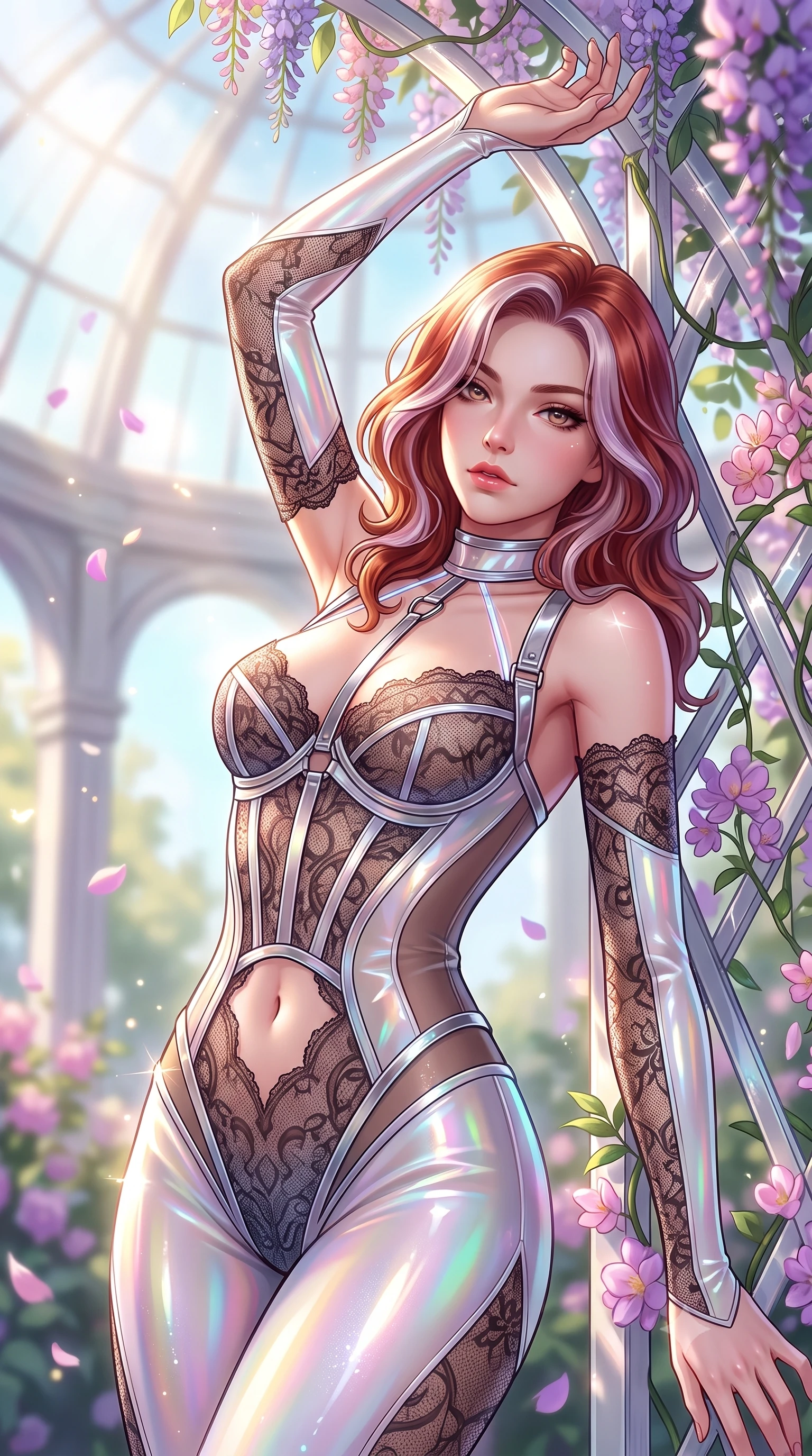 score_9, masterpiece, best quality, ultra-detailed, high-budget anime keyframe, semi-realistic 3D game render, editorial fashion photography, tasteful artistic composition, Caucasian woman. close-up cowboy shot from the waist and thighs up, the character dominates the composition, filling the frame with her large presence. extending one arm gracefully toward the light while her torso arches in a sleek, alluring curve with magnetic intensity while leaning against a sun-drenched crystal trellis draped in flowering vines with a captivating, smoldering gaze. The composition keeps background elements in soft focus with creamy bokeh. sunlit glasshouse dome arches and floating flower petals softened in dreamy shallow depth of field. She has an exceptionally elegant, slender, and willowy female figure with an ultra-slim waist, a gracefully sculpted slender torso, toned flat midriff, and a refined slim silhouette. sharp v-shaped jawline, high-bridge nose, intricate jewel-like eyes with depth, thick eyelashes, glossy lips with a natural sheen, flawlessly proportioned anatomical accuracy, strict slender model proportions, natural body alignment, perfectly sculpted long slender limbs, ultra-slim waistline, clean dynamic posture without body distortion. wearing a sheer dark lace pattern bodysuit with structured corsetry boning, sheer contouring side panels, and detached lace sleeves in glistening liquid pearl white with rainbow opalescence, tailored from semi-translucent cybernetic vinyl with glowing micro-filaments, reinforced by a sleek metallic chrome harness and delicate glowing micro-straps, the precision-cut daring openings accentuating her delicate midriff, graceful bare collarbones, and ultra-slim feminine waistline. illuminated by fresh botanical ambient radiance and sparkling specular highlights tracing her curves. highly saturated vibrant anime colors, detailed shading with soft gradients, rich glossy textures, high-contrast stereoscopic depth, volumetric dynamic lighting, master piece, 9:16 ratio