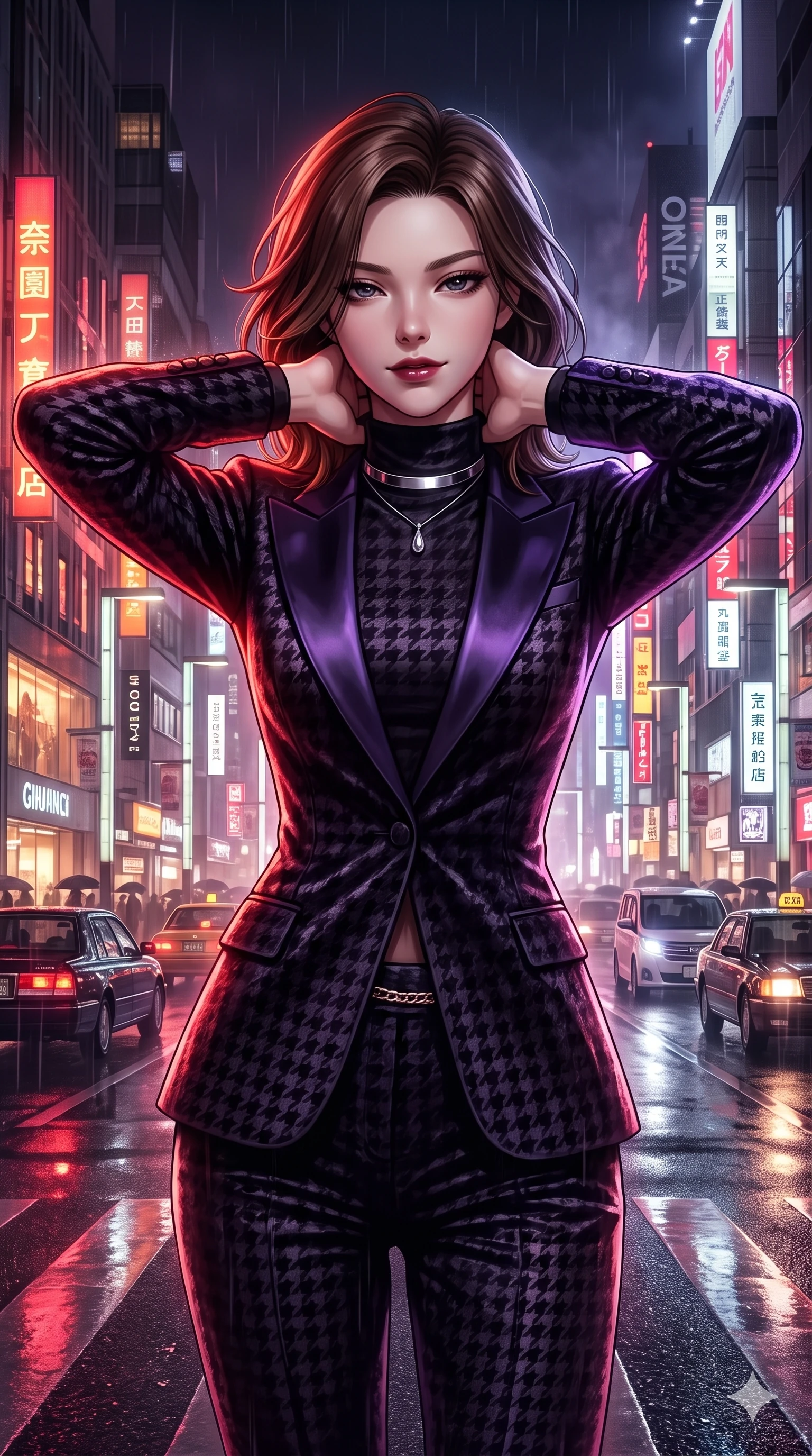 score_9, masterpiece, best quality, ultra-detailed, high-budget anime keyframe, semi-realistic 3D game render, editorial fashion photography, tasteful artistic composition, Korean woman. close-up cowboy shot from the waist and thighs up, the character dominates the composition, filling the frame with her large presence. resting both hands lightly behind her neck with elbows raised, arching her spine to highlight her narrow waist, flat midriff, and breathtaking collarbones while glancing down over lowered lashes before meeting the camera with quiet, devastating intensity, her tailored outfit tracing her ultra-slim waist and hips. The surrounding environment is rendered in vivid detail and crisp panoramic clarity: detailed liquid-look vinyl mini dress tailoring, gold snake chain belt, and urban Ginza architecture in razor-sharp precision. She has an exceptionally elegant, slender, and willowy female figure with an ultra-slim waist, flat toned midriff, narrow ribcage, and sculpted feminine hips creating an alluring, slim hourglass silhouette without bulk. sharp v-shaped jawline, high-bridge nose, intricate jewel-like dark sparkling eyes with dangerous depth, thick curled eyelashes, glossy parted lips with a rich wine sheen, smoldering seductive half-smile with bedroom-eyes, exuding effortless superiority and intoxicating dark allure, flawlessly proportioned anatomical accuracy, strict slender model proportions, natural body alignment, perfectly sculpted long slender limbs, ultra-slim waistline, clean dynamic posture without body distortion. wearing a structured high-neck houndstooth tailored pantsuit with liquid satin lapels in ultraviolet neon and dark rain-soaked shadow tones, tailored from crushed dark velvet with deep light-absorbing plush texture, finished with a minimalist chrome choker and a single teardrop pendant, the impeccably tailored cut draping gracefully along her slender figure with aristocratic noir poise. bathed in intense saturated crimson and warm gold neon underlights contrasting with dark rain-soaked shadow tones. highly saturated vibrant anime colors, detailed shading with soft gradients, rich glossy textures, high-contrast stereoscopic depth, volumetric dynamic lighting, master piece, 9:16 ratio