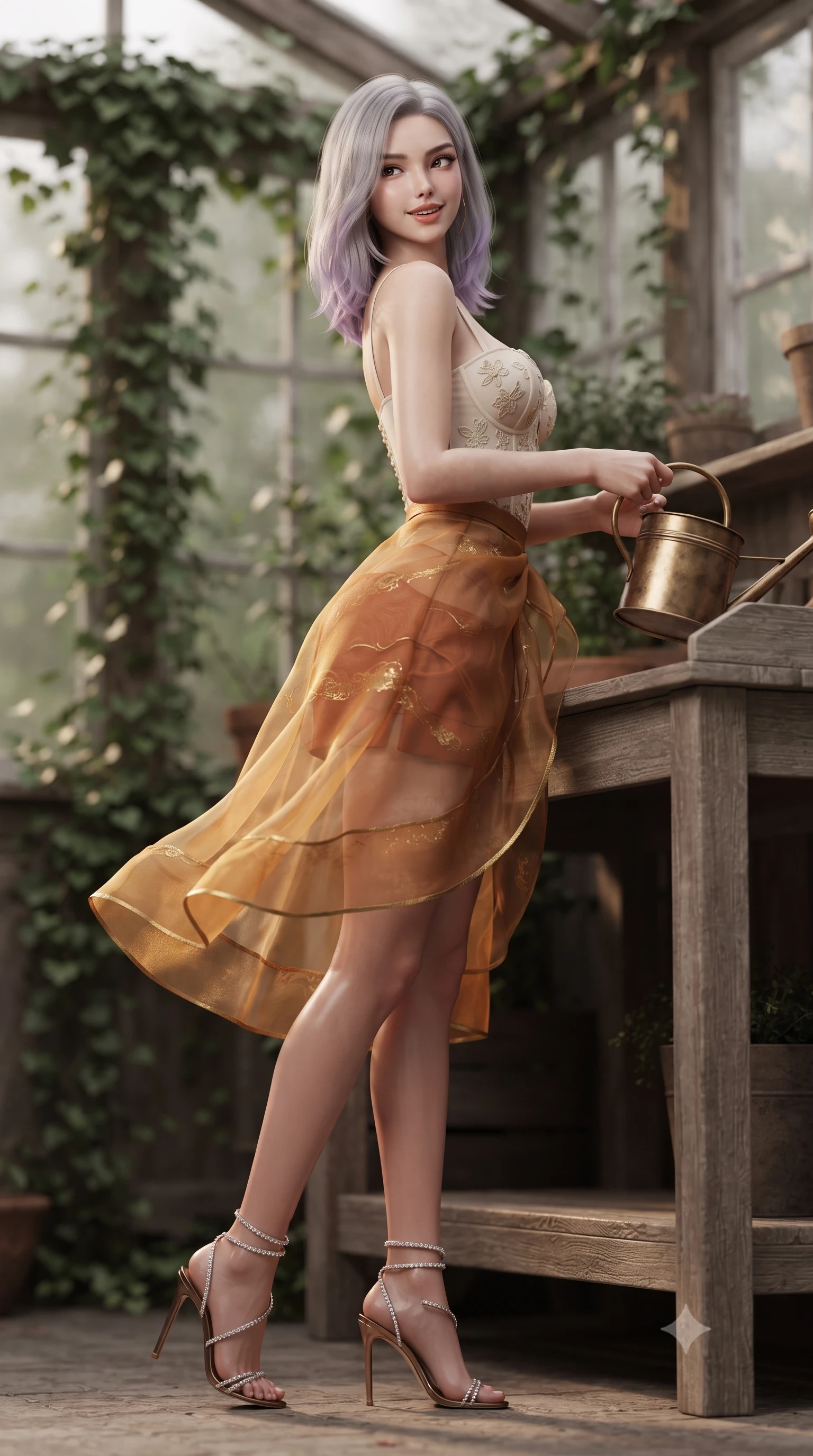 score_9, masterpiece, best quality, ultra-detailed, high-budget anime keyframe, editorial fashion photography, tasteful artistic composition, Caucasian woman. low angle full-body shot from head to toe showing her feet, filling the entire 9:16 vertical frame with her statuesque presence, stretching her vertical silhouette. executing a slow, graceful pivot turn as her skirt sways around her slender legs, glancing back with an enchanting, teasing sensual expression while leaning against the weathered cedar potting bench with hips cocked back, holding an antique brass watering can with playful seductive cool. The background shows a soft-focus climbing ivy on window frames softened in rustic country greenhouse shallow focus. She has an absolutely perfect, statuesque 8.5-heads proportion, an exceptionally tall and slender model-like female figure with impossibly long slender legs, an ultra-slim waist, a flat toned midriff, narrow delicate ribcage, and beautifully sculpted feminine hips creating a graceful, slim hourglass silhouette without any bulky heaviness. sharp v-shaped jawline, high-bridge nose, sparkling eyes with hypnotic seductive depth, thick curled eyelashes, glossy parted lips with a natural dewy peach sheen, alluring bedroom-eyes with an enchanting coquettish smile, exuding magnetic siren charisma and sophisticated glamour, flawlessly proportioned anatomical accuracy, strict slender model proportions, natural body alignment, perfectly sculpted long slender limbs, ultra-slim waistline, clean dynamic posture without body distortion. wearing a plunging sweetheart-neckline boned corset top with pressed flower embroidery paired with a sheer organza wrap skirt in warm amber honey and antique terracotta with gilded bronze, woven from buttery-soft stretch lambskin leather adhering to her body like a second skin, complemented by strappy stiletto sandals with crystal ankle wraps accentuating her slender calves, the glove-like clinging cut tightly following the natural contour of her hips and long slender legs with youthful 8.5-heads elegance. illuminated by terracotta bounce and sharp warm-gold rim lights sculpting her jawline, flat midriff, and voluptuous hip curves. ultra-reflective glossy finish, specular highlights, rich textural contrasts, high-contrast stereoscopic depth, volumetric dynamic lighting, 2k, ultra detail, master piece, 9:16 ratio