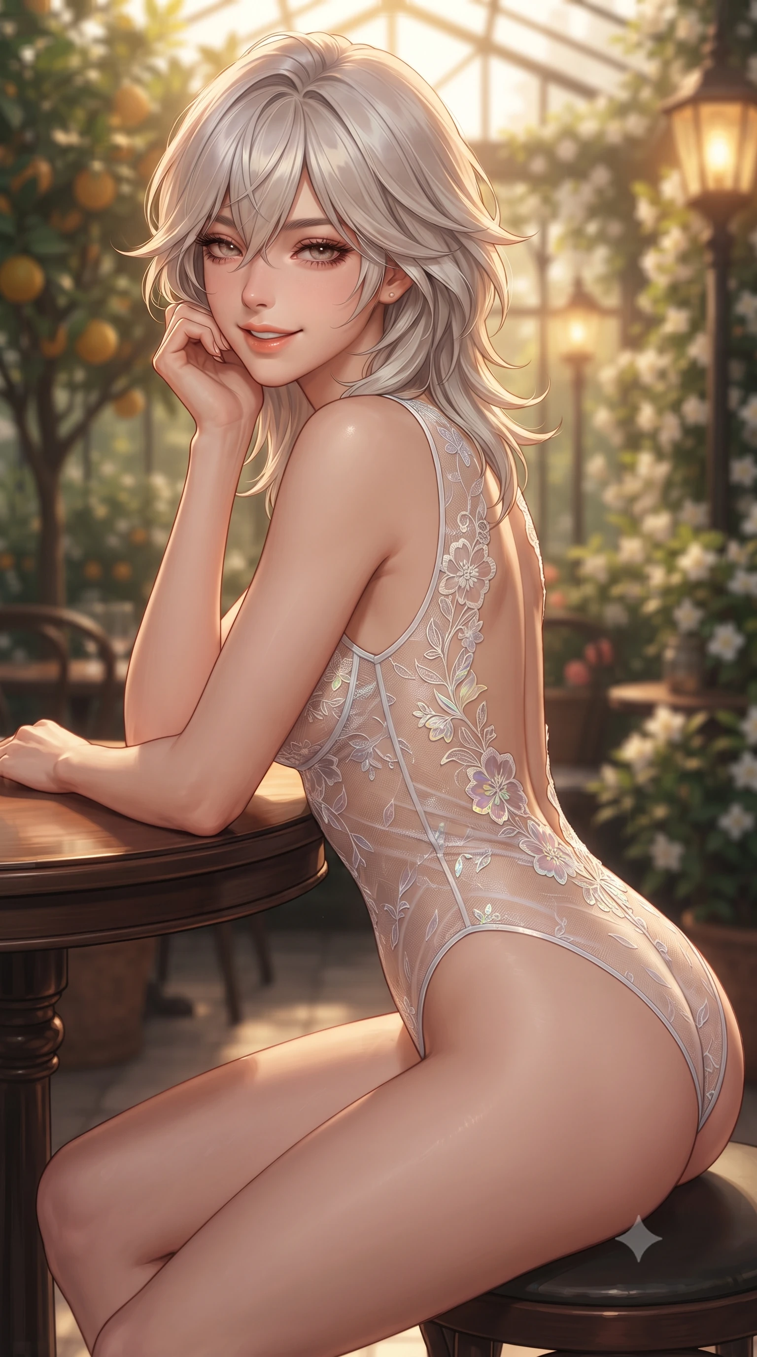 score_9, masterpiece, best quality, ultra-detailed, high-budget anime keyframe, editorial fashion photography, tasteful artistic composition, Japanese woman. close-up cowboy shot from the waist and thighs up, the character dominates the composition, filling the frame with her large presence. resting one elbow on the table and supporting her chin, leaning close to the camera with heavy-lidded sparkling eyes and parted lips while twisting her slender torso in an alluring contrapposto stance among lush indoor citrus trees, soft floor uplights tracing her narrow waist and hips. The background shows a soft-focus indoor climbing jasmine blossoms softened in bohemian-luxe rooftop conservatory shallow focus. She has an exceptionally elegant, slender, and willowy female figure with an ultra-slim waist, flat toned midriff, narrow ribcage, and sculpted feminine hips creating an alluring, slim hourglass silhouette without bulk. sharp v-shaped jawline, high-bridge nose, intricate jewel-like sparkling eyes with depth, thick eyelashes, glossy parted lips with a natural peach sheen, bright cheerful beaming smile with an enchanting and coquettish sensual glint, exuding both youthful cute charm and seductive allure, flawlessly proportioned anatomical accuracy, strict slender model proportions, natural body alignment, perfectly sculpted long slender limbs, ultra-slim waistline, clean dynamic posture without body distortion. wearing an open-back sheer lace leotard with high-cut leg openings and delicate floral embroidery framing her spine in pure translucent crystal white and iridescent opal, made of fluid liquid jersey with seamless sculpting hold and smooth contours, finished with scalloped eyelash lace trim framing her sweetheart neckline with intimate elegance, the liquid-tight tailored fabric clinging flawlessly to her narrow waist and rounded feminine hips, emphasizing every millimeter of her sculpted slim hourglass curves without any bulky heaviness. bathed in the warm golden 2500K glow of Edwardian streetlamps and rooftop architectural floodlights spilling through glass. ultra-reflective glossy finish, specular highlights, rich textural contrasts, high-contrast stereoscopic depth, volumetric dynamic lighting, 2k, ultra detail, master piece, 9:16 ratio