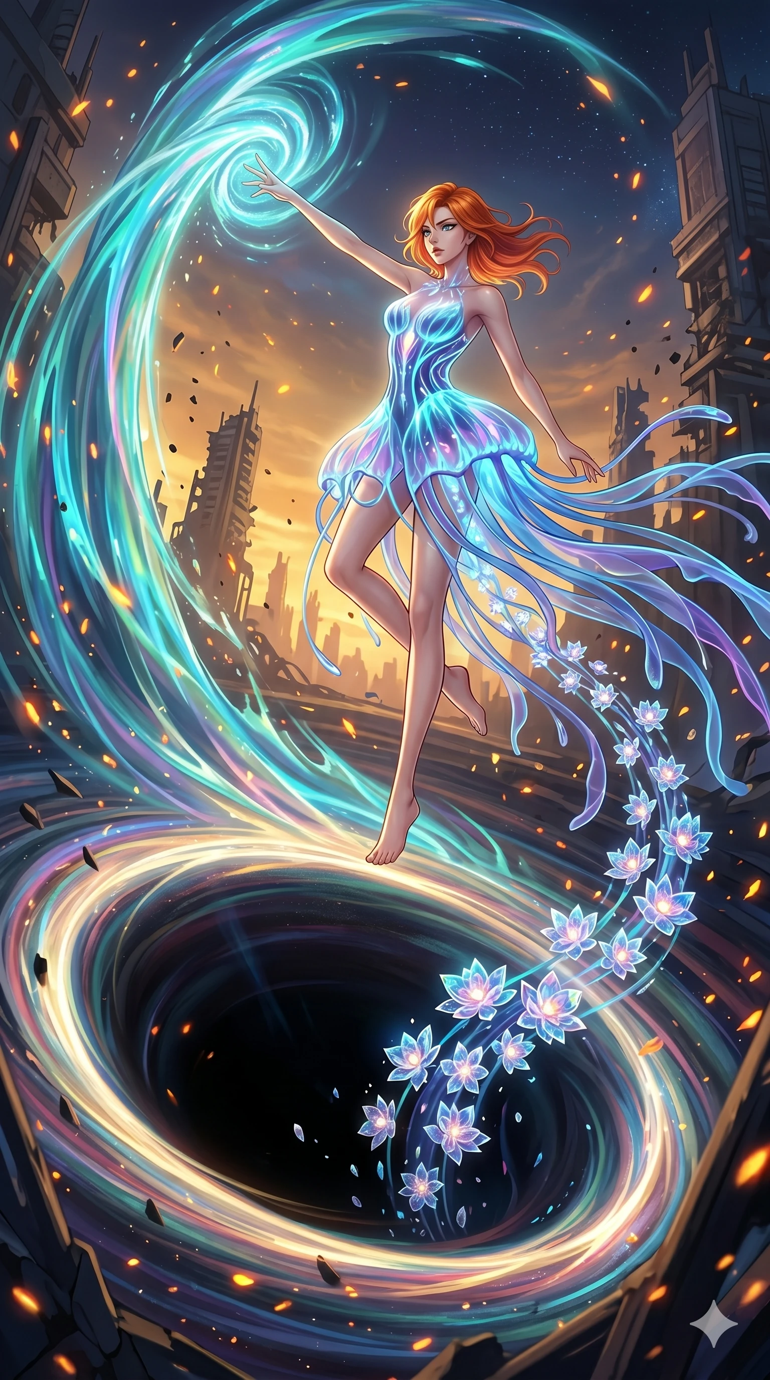 score_9, masterpiece, best quality, ultra-detailed, Set A: High-budget Anime Keyframe, Korean woman. Low angle cowboy shot filling the entire 9:16 frame with her statuesque presence. Theme: Urban Decay. unleashing a massive energy wave in the edge of a black hole, while she leaves a trail of 176 blooming crystal flowers. The atmosphere is filled with golden hour with floating embers. She has an absolutely perfect 8-heads proportion, an exceptionally tall and slender female figure with impossibly long slender legs and an ultra-slim waist. Sharp v-shaped jawline, high-bridge nose, intricate jewel-like eyes with depth, glossy lips. Wearing Bioluminescent jellyfish-inspired dress with long flowing transparent tentacles. Cinematic lighting, vivid colors, dramatic shadows, 2k, ultra detail, master piece, 9:16 ratio
