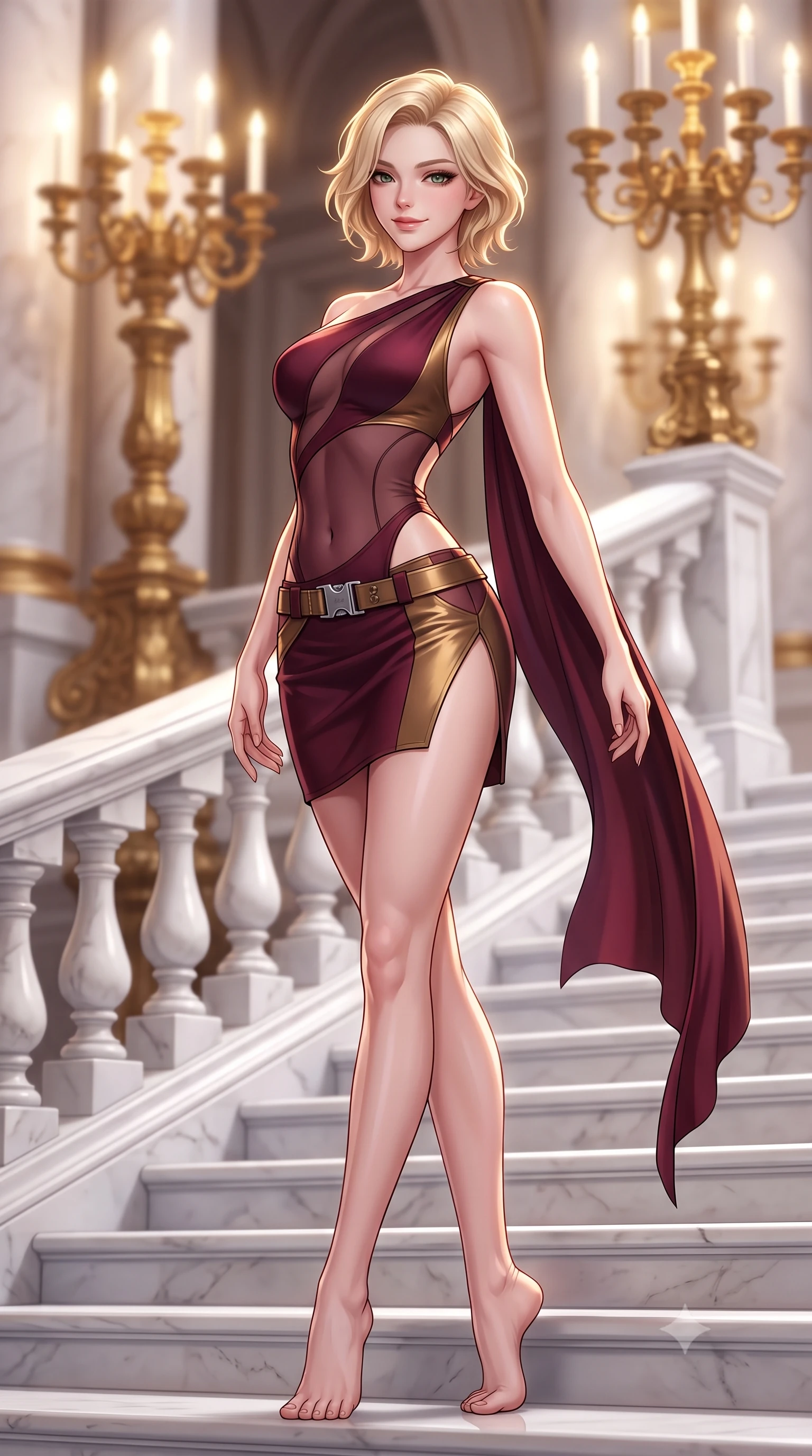 score_9, masterpiece, best quality, ultra-detailed, high-budget anime keyframe, semi-realistic 3D game render, editorial fashion photography, tasteful artistic composition, Caucasian woman. low angle full-body shot from head to toe showing her feet, filling the entire 9:16 vertical frame with her statuesque presence, stretching her vertical silhouette. lounging on the lavish daybed with legs crossed and hips angled toward the camera, displaying her toned midriff and long slender limbs with effortless siren poise while standing poised on the grand white marble staircase in a perfect ballet fifth position, arching her back with breathtaking prima ballerina grace. The background shows a soft-focus ornate gilded bronze candelabras softened in magnificent Parisian opera shallow focus. She has an absolutely perfect, statuesque 8.5-heads proportion, an exceptionally tall and slender model-like female figure with impossibly long slender legs, an ultra-slim waist, a flat toned midriff, narrow delicate ribcage, and beautifully sculpted feminine hips creating a graceful, slim hourglass silhouette without any bulky heaviness. sharp v-shaped jawline, high-bridge nose, sparkling eyes with hypnotic seductive depth, thick curled eyelashes, glossy parted lips with a natural dewy peach sheen, alluring bedroom-eyes with an enchanting coquettish smile, exuding magnetic siren charisma and sophisticated glamour, flawlessly proportioned anatomical accuracy, strict slender model proportions, natural body alignment, perfectly sculpted long slender limbs, ultra-slim waistline, clean dynamic posture without body distortion. wearing an asymmetric one-shoulder tactical compression mini dress with a dramatic hip-high slit and utility harness belt in smoky bordeaux wine and gilded bronze, made of semi-opaque stretch illusion mesh with soft shadowy contours, accented with a quick-release tactical chrome buckle harness resting snugly across her hips, the precision-cut side openings and low-back scoop framing her graceful spine and the sensual sweep of her slim, toned hips. illuminated by polished marble bounce and sharp warm-gold rim lights sculpting her razor-sharp jawline, narrow waist, and curvy hips. highly saturated vibrant anime colors, detailed shading with soft gradients, rich glossy textures, high-contrast stereoscopic depth, volumetric dynamic lighting, master piece, 9:16 ratio