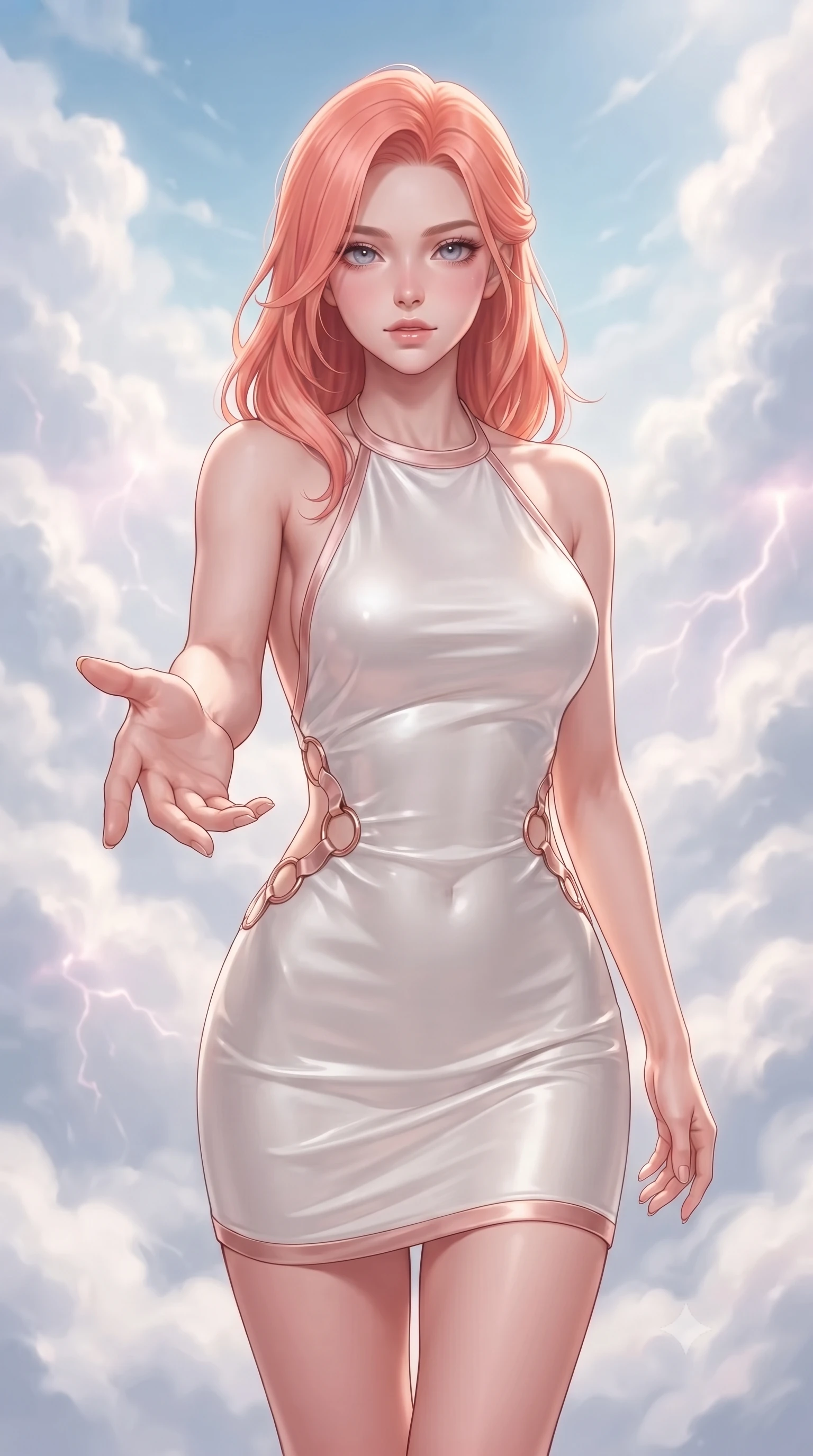 score_9, masterpiece, best quality, ultra-detailed, high-budget anime keyframe, editorial fashion photography, tasteful artistic composition, Japanese woman. close-up cowboy shot from the waist and thighs up, the character dominates the composition, filling the frame with her large presence, background elements kept in soft focus. Reaching one hand toward the viewer with relaxed elegance, walking through a cloud sanctuary as soft thunderless lightning glows within cloud walls, ethereal serenity in her composed facial expression. She has an exceptionally elegant, slender, and willowy female figure with an ultra-slim waist, a gracefully sculpted slender torso, and a refined silhouette. sharp v-shaped jawline, high-bridge nose, intricate jewel-like eyes with depth, thick eyelashes, glossy lips with a natural sheen. wearing backless liquid vinyl mini slip dress with bare shoulder halter neckline in pearl white, made of soft rose-gold satin, trimmed with rose-gold ring hardware along the waist contours, contouring every curve with an exceptionally elegant silhouette. lit by clear sun-drenched sky light with soft ethereal shadows. highly saturated vibrant anime colors, detailed shading with soft gradients, rich glossy textures, high-contrast stereoscopic depth, volumetric dynamic lighting, master piece, 9:16 ratio