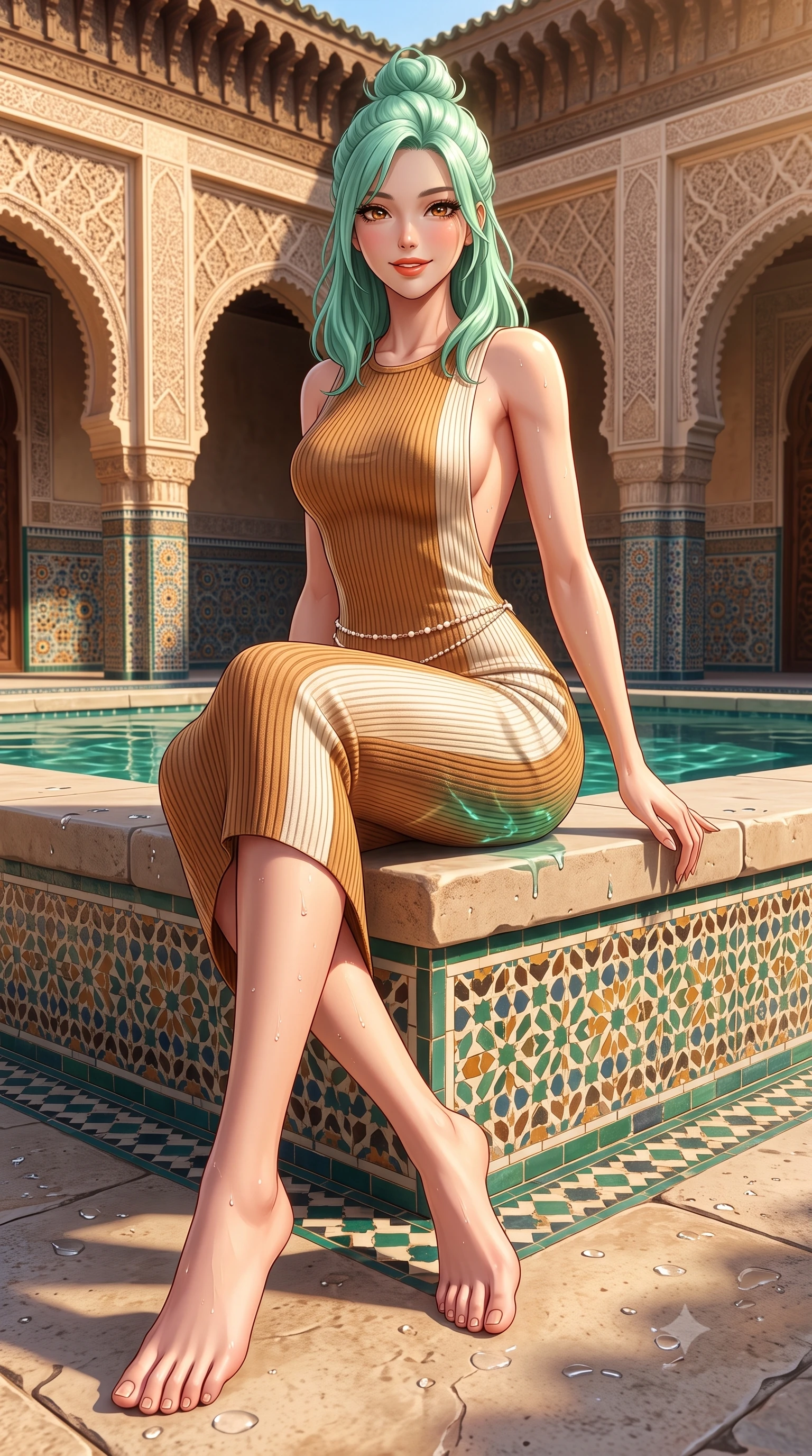 score_9, masterpiece, best quality, ultra-detailed, high-budget anime keyframe, semi-realistic 3D game render, editorial fashion photography, tasteful artistic composition, Japanese woman. low angle full-body shot from head to toe showing her feet, filling the entire 9:16 vertical frame with her statuesque presence, stretching her vertical silhouette. sitting perched on the elevated stone edge with legs crossed and hips angled toward the camera, displaying her toned midriff and long slender limbs with joyful, coquettish charm while sitting gracefully on the glazed zellige tile pool rim, arching her spine with relaxed seductive grace as emerald water caustics play across her feminine hips. The surrounding environment is rendered in vivid detail and crisp panoramic clarity. detailed resort crochet weave, water droplets on skin, and authentic Moroccan palace craftsmanship in high resolution. She has an exceptionally tall and slender model-like 8.5-heads proportion, an ultra-slim waist, a flat toned midriff, narrow delicate ribcage, and beautifully sculpted feminine hips creating a graceful, slim hourglass silhouette without any bulky heaviness, with impossibly long slender legs. sharp v-shaped jawline, high-bridge nose, sparkling amber-hazel eyes with depth, long lush eyelashes, glossy sun-kissed lips with a warm coral glaze, radiant teasing smile with sensual sunlit bedroom-eyes, exuding effortless old-money elegance and intoxicating sun-drenched allure, flawlessly proportioned anatomical accuracy, strict slender model proportions, natural body alignment, perfectly sculpted long slender limbs, ultra-slim waistline, clean dynamic posture without body distortion. wearing a form-contouring ribbed knit bodycon resort dress with an open-back scoop descending to the base of her spine in warm honey bronze and pearlescent ivory, woven from layered gossamer organza with weightless flutter, accented with a dainty pearl waist chain catching the ambient golden hour sunlight, the form-contouring cut accentuating her sculpted flat midriff, narrow delicate ribcage, and gracefully curvy hips with sun-drenched supermodel elegance. bathed in warm ambient evening light filtering down into the tranquil open-air courtyard. highly saturated vibrant anime colors, detailed shading with soft gradients, rich glossy textures, high-contrast stereoscopic depth, volumetric dynamic lighting, master piece, 9:16 ratio