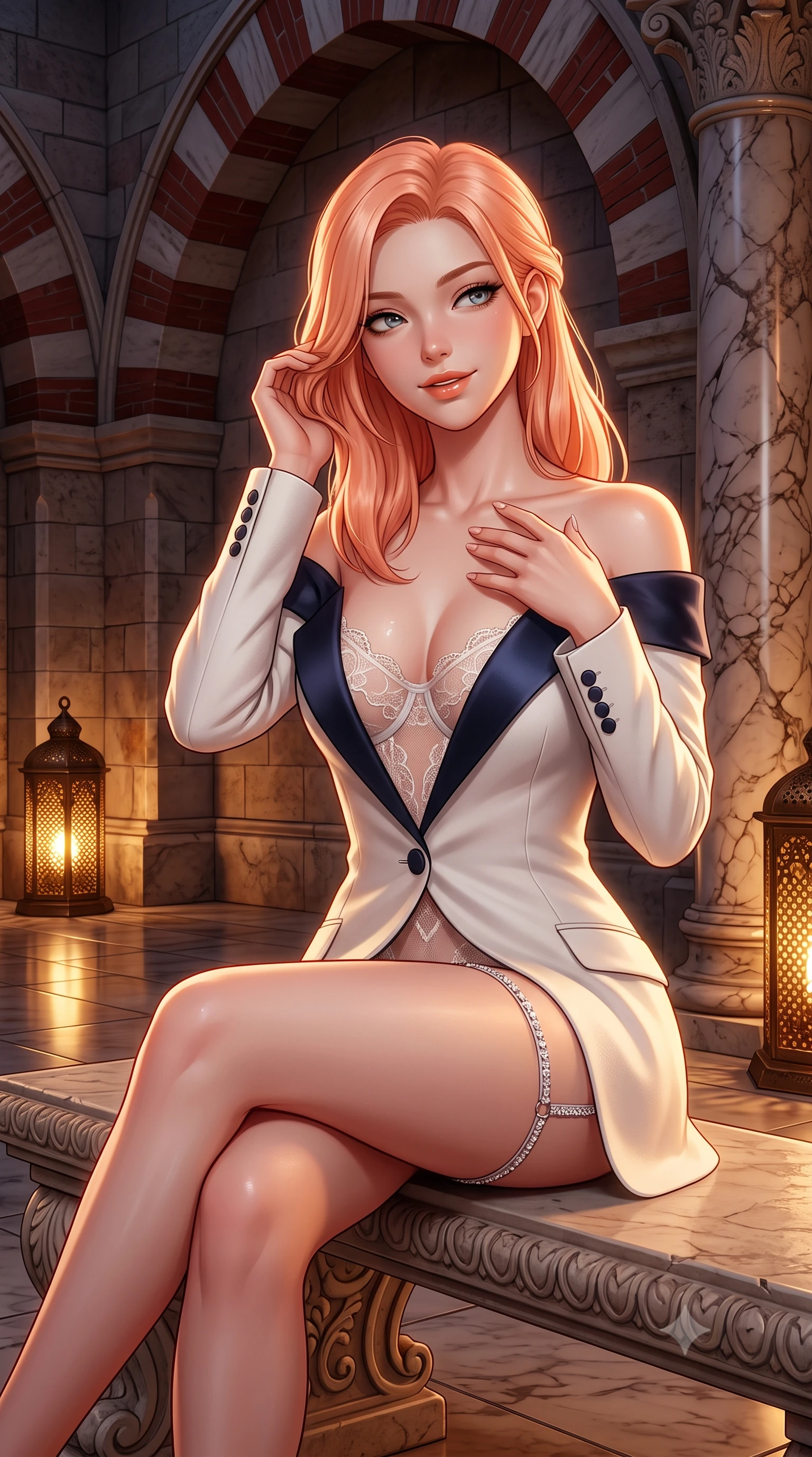 score_9, masterpiece, best quality, ultra-detailed, high-budget anime keyframe, semi-realistic 3D game render, editorial fashion photography, tasteful artistic composition, Japanese woman. close-up cowboy shot from the waist and thighs up, the character dominates the composition, filling the frame with her large presence. gently brushing a lock of hair behind her ear while casting a playful, flirtatious side-gaze with long eyelashes while sitting gracefully on the carved stone bench with legs crossed, running one manicured hand slowly down her collarbone with magnetic allure. The surrounding environment is rendered in vivid detail and crisp panoramic clarity: sharp red brick and white stone alternating voussoirs, polished Roman marble pillar veining, and perforated bronze lamp metalwork in deep focus. She has an exceptionally elegant, slender, and willowy female figure with an ultra-slim waist, flat toned midriff, narrow ribcage, and sculpted feminine hips creating an alluring, slim hourglass silhouette without bulk. sharp v-shaped jawline, high-bridge nose, intricate jewel-like sparkling eyes with depth, thick eyelashes, glossy parted lips with a natural peach sheen, bright cheerful beaming smile with an enchanting and coquettish sensual glint, exuding both youthful cute charm and seductive allure, flawlessly proportioned anatomical accuracy, strict slender model proportions, natural body alignment, perfectly sculpted long slender limbs, ultra-slim waistline, clean dynamic posture without body distortion. wearing a delicate sheer French Chantilly lace teddy layered under an open tailored tuxedo blazer draped over bare shoulders in Mount Fuji snow-peak white and midnight indigo silk, crafted from bespoke double-faced cashmere with an exceptionally soft tactile finish, finished with delicate crystal-encrusted thigh garter straps glinting in the dim light, the liquid-tight tailored fabric clinging flawlessly to her narrow waist and rounded feminine hips, emphasizing every millimeter of her sculpted slim hourglass curves without any bulky heaviness. illuminated by polished stone floor bounce and sharp flame-gold rim lights defining her dewy collarbones, ultra-slim waist, and curvy hips. highly saturated vibrant anime colors, detailed shading with soft gradients, rich glossy textures, high-contrast stereoscopic depth, volumetric dynamic lighting, master piece, 9:16 ratio