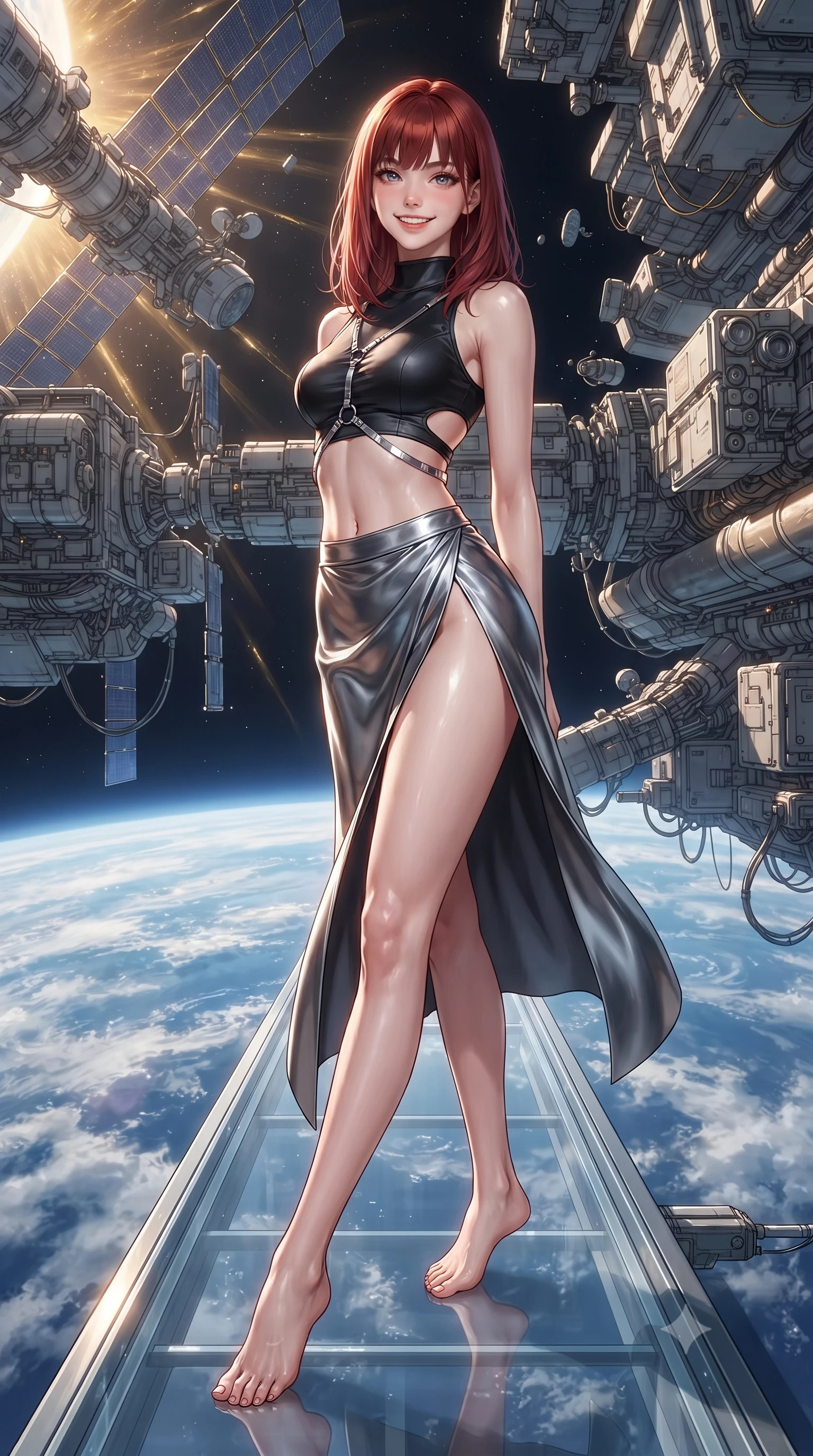 score_9, masterpiece, best quality, ultra-detailed, high-budget anime keyframe, editorial fashion photography, tasteful artistic composition, Caucasian woman. low angle full-body shot from head to toe showing her feet, filling the entire 9:16 vertical frame with her statuesque presence, stretching her vertical silhouette. reclining gracefully across the plush chaise lounge with one leg extended, her sculpted silhouette and flat midriff radiating magnetic nocturnal glamour while standing poised on the narrow transparent catwalk of the external sensor spire high above Earth, arching her lower back as golden solar wind filaments shimmer past. The surrounding environment is rendered in vivid detail and crisp panoramic clarity: detailed high-tech tactical gear, sleek bodycon lines, and colossal satellite engineering in high resolution. She has an exceptionally tall and slender model-like 8.5-heads proportion, an ultra-slim waist, a flat toned midriff, narrow delicate ribcage, and beautifully sculpted feminine hips creating a graceful, slim hourglass silhouette without any bulky heaviness, with impossibly long slender legs. sharp v-shaped jawline, high-bridge nose, intricate jewel-like sparkling eyes with depth, thick eyelashes, glossy parted lips with a natural peach sheen, bright cheerful beaming smile with an enchanting and coquettish sensual glint, exuding both youthful cute charm and seductive allure, flawlessly proportioned anatomical accuracy, strict slender model proportions, natural body alignment, perfectly sculpted long slender limbs, ultra-slim waistline, clean dynamic posture without body distortion. wearing an alluring tactical crop top with asymmetrical side-rib cutouts and high-neck collar paired with a high-slit wrap skirt in liquid mercury chrome and stealth charcoal, crafted from fluid liquid silk satin that clings smoothly to her narrow waist and rounded hips with a dewy sheen, accented with a chrome-drop body harness subtly framing her dewy collarbones and spine, the form-contouring silhouette accentuating her sculpted flat midriff, narrow delicate ribcage, and gracefully curvy hips with intoxicating allure. illuminated by Earth albedo reflection bounce and intense solar-gold rim lights defining her razor-sharp jawline, narrow waist, and curvy hips. ultra-reflective glossy finish, specular highlights, rich textural contrasts, high-contrast stereoscopic depth, volumetric dynamic lighting, 2k, ultra detail, master piece, 9:16 ratio