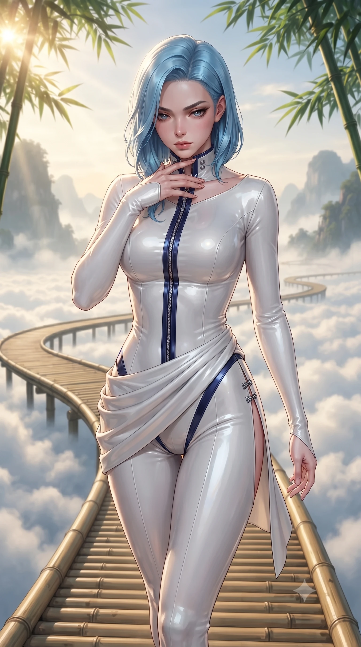 score_9, masterpiece, best quality, ultra-detailed, high-budget anime keyframe, editorial fashion photography, tasteful artistic composition, Korean woman. close-up cowboy shot from the waist and thighs up, the character dominates the composition, filling the frame with her large presence. resting her fingers lightly against her throat while looking down with a smoldering, haughty yet intensely captivating glance while stepping along a curved bamboo walkway over a cloud sea as golden morning light illuminates her draped silk wrap. The composition keeps background elements in soft focus with creamy bokeh. floating wooden walkways and distant mist-shrouded mountain peaks softened in gentle shallow focus. She has an exceptionally elegant, slender, and willowy female figure with an ultra-slim waist, a gracefully sculpted slender torso, toned flat midriff, and a refined slim silhouette. sharp v-shaped jawline, high-bridge nose, intricate jewel-like eyes with depth, thick eyelashes, glossy lips with a natural sheen, flawlessly proportioned anatomical accuracy, strict slender model proportions, natural body alignment, perfectly sculpted long slender limbs, ultra-slim waistline, clean dynamic posture without body distortion. wearing a glossy white second-skin latex bodysuit with high-thigh cuts, exposed clavicle neckline, and gleaming zipper details in deep royal navy blue and specular chrome, formed from high-gloss patent material with specular light reflections, finished with an ultra-high side slit secured by miniature magnetic clasps, the glove-like aerodynamic second-skin fit tightly clinging to her ultra-slender waist and athletic curves without adding bulk, accentuating her razor-sharp statuesque lines and slim hourglass silhouette. bathed in bright morning sunbeams filtering through emerald bamboo canopies. ultra-reflective glossy finish, specular highlights, metallic sheen, high-contrast stereoscopic depth, volumetric dynamic lighting, 2k, ultra detail, master piece, 9:16 ratio