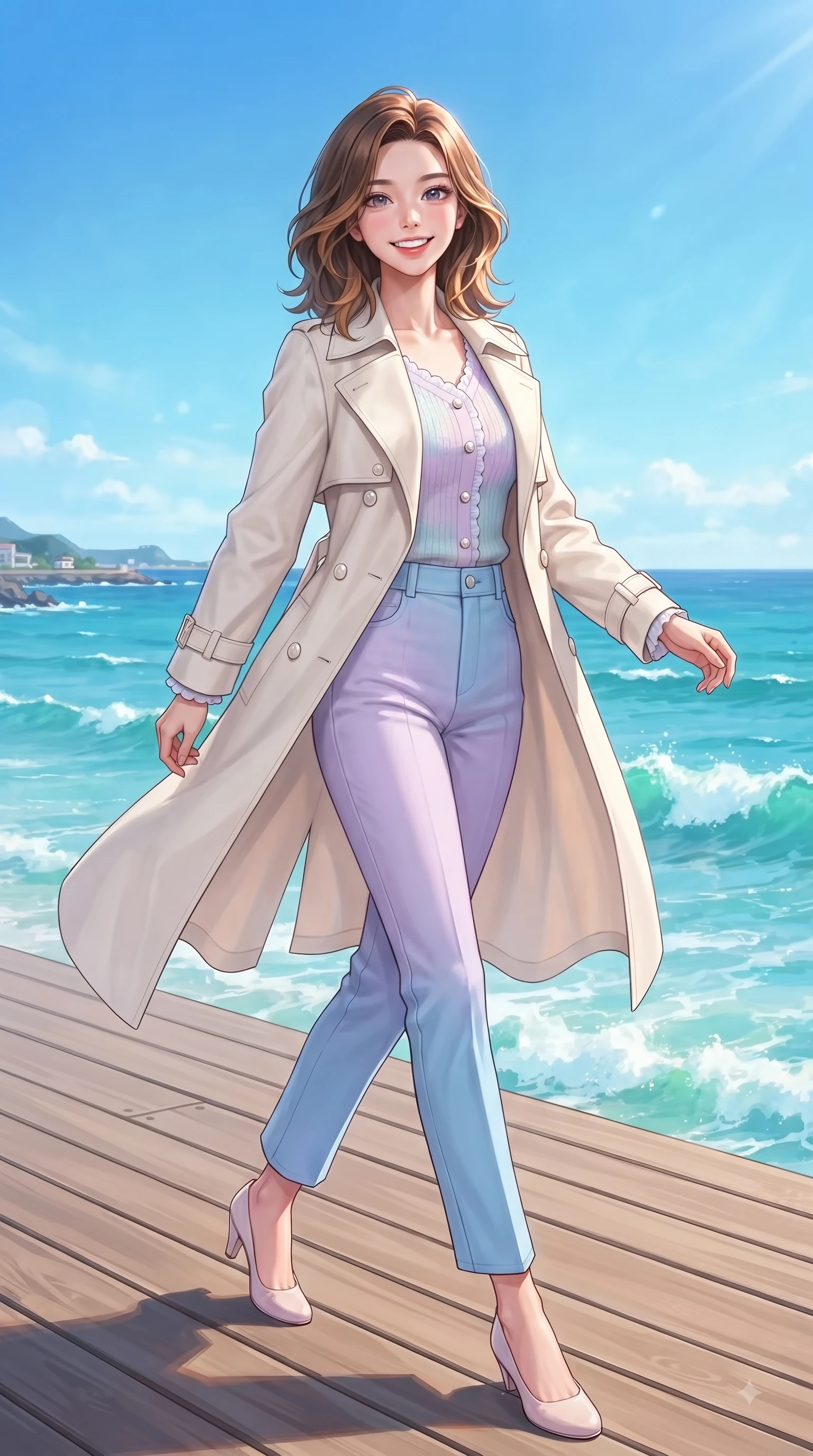 score_9, masterpiece, best quality, ultra-detailed, high-budget anime keyframe, editorial fashion photography, tasteful artistic composition, Korean woman. low angle full-body shot from head to toe showing her feet, filling the entire 9:16 vertical frame with her statuesque presence, stretching her vertical silhouette. performing a cheerful mid-motion turn with flawless poise, her radiant smile capturing fresh girlhood energy while walking cheerfully along a coastal wooden boardwalk overlooking a turquoise ocean under a bright blue sky. The surrounding environment is rendered in vivid detail and crisp panoramic clarity. vibrant sea foam crests, coastal boardwalk wooden planks, and crisp blue skies in panoramic clarity. She has an absolutely perfect, statuesque 8.5-heads proportion, an exceptionally tall and slender model-like female figure with impossibly long slender legs and an ultra-slim waist. sharp v-shaped jawline, high-bridge nose, intricate jewel-like eyes with depth, thick eyelashes, glossy lips with a natural sheen, flawlessly proportioned anatomical accuracy, natural body alignment, perfectly sculpted elegant limbs, clean dynamic posture without body distortion. wearing a stylish pale ivory trench coat over a pastel knit top and high-waist tailored slacks in soft pastel lavender and sky blue, made of comfortable premium stretch denim and soft jersey, finished with subtle ruffle trims and delicate pearl buttons, the tailored casual silhouette highlighting her fresh and youthful presence. surrounded by a fresh, sun-drenched, and relaxing vacation atmosphere. ultra-reflective glossy finish, specular highlights, metallic sheen, high-contrast stereoscopic depth, volumetric dynamic lighting, 2k, ultra detail, master piece, 9:16 ratio
