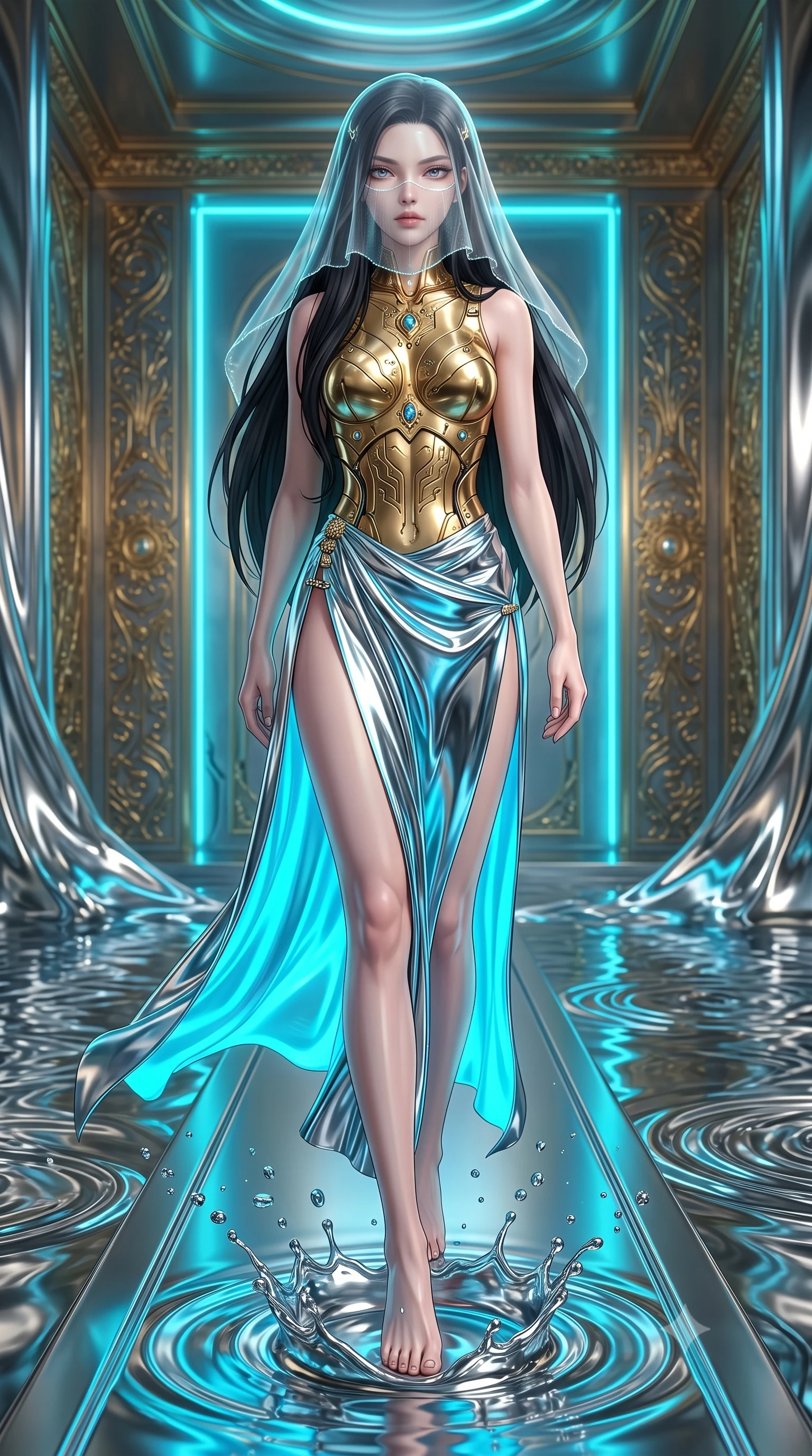 score_9, masterpiece, best quality, ultra-detailed, high-budget anime keyframe, semi-realistic 3D game render, editorial fashion photography, tasteful artistic composition, Korean woman. low angle full-body shot from head to toe showing her feet, filling the entire 9:16 vertical frame with her statuesque presence, stretching her vertical silhouette. striding forward with commanding supermodel grace, her 8.5-heads statuesque silhouette dominating the vertical frame from head to toe while pivoting dynamically on a submerged chrome walkway as liquid mercury droplets splash like molten chrome beads in mid-air. The surrounding environment is rendered in vivid detail and crisp panoramic clarity. razor-sharp circuit lotus petal engravings, liquid mercury surface tension ripples, and gold inlays in deep focus. She has an absolutely perfect, statuesque 8.5-heads proportion, an exceptionally tall and slender model-like female figure with impossibly long slender legs, a toned flat midriff, and an ultra-slim waist. sharp v-shaped jawline, high-bridge nose, intricate jewel-like eyes with depth, thick eyelashes, glossy lips with a natural sheen, flawlessly proportioned anatomical accuracy, strict slender model proportions, natural body alignment, perfectly sculpted long slender limbs, ultra-slim waistline, clean dynamic posture without body distortion. wearing an ethereal translucent cyber-veil paired with a sculpted golden mechanical cuirass and high-fashion draped silk skirt in polished mirror chrome and glowing electric cyan neon, made of liquid jersey fabric that clings flawlessly to every contour of her build, finished with an ultra-high side slit secured by miniature magnetic clasps, the glove-like aerodynamic second-skin fit tightly clinging to her ultra-slender waist and athletic curves without adding bulk, accentuating her razor-sharp statuesque lines and slim hourglass silhouette. surrounded by an opulent, mystical, and sacredly sensual android goddess ambiance. rich saturated anime colors with glowing neon highlights, detailed shading with soft gradients, rich glossy textures, high-contrast stereoscopic depth, volumetric dynamic lighting, master piece, 9:16 ratio