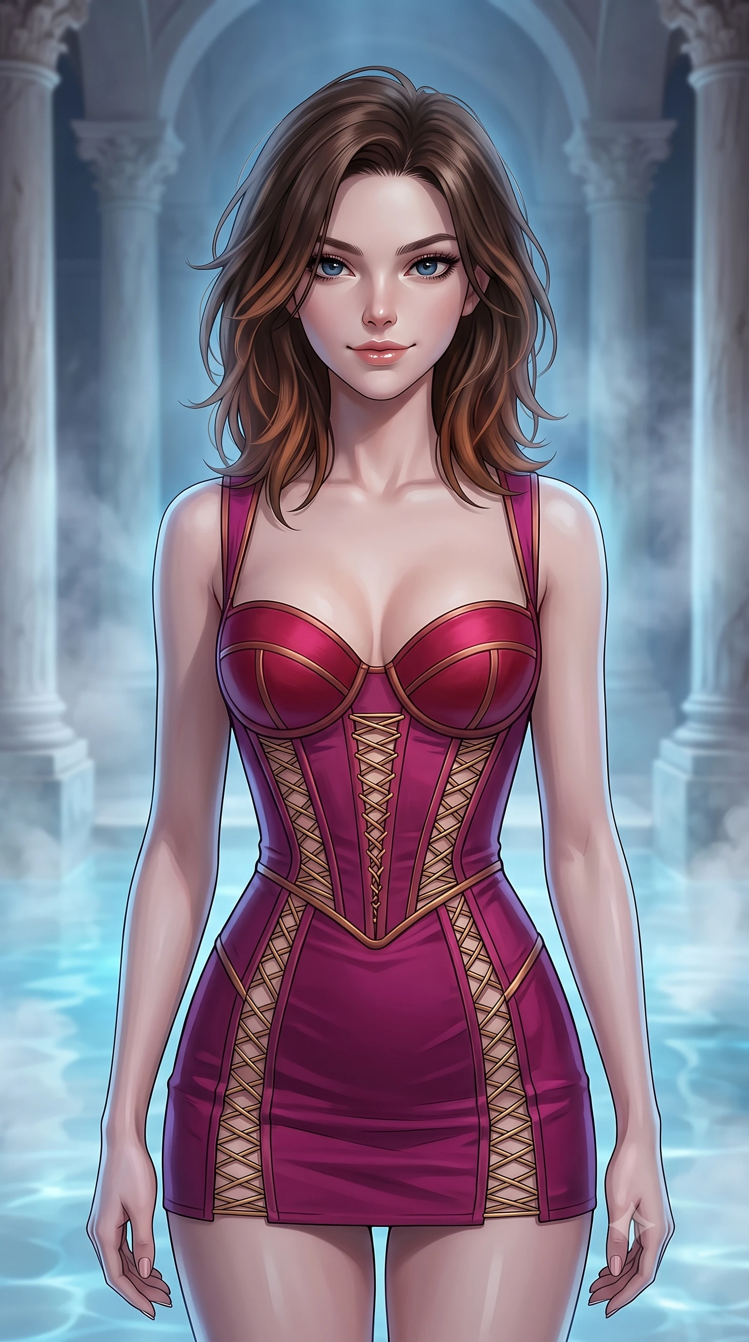 score_9, masterpiece, best quality, ultra-detailed, high-budget anime keyframe, editorial fashion photography, tasteful artistic composition, Korean woman. close-up cowboy shot from the waist and thighs up, the character dominates the composition, filling the frame with her large presence, background elements kept in soft focus. Exhibiting a confident, playful smirk directly into the camera. set against a soft-focus background of inside a grand roman bath chamber with columns of white travertine, the steaming thermal waters glowing with an opaline blue light. She has an exceptionally elegant, slender, and willowy female figure with a highly-defined ultra-slim waist, a gracefully sculpted slender torso, and a refined slim-fit silhouette that contours her form. sharp v-shaped jawline, high-bridge nose, intricate jewel-like eyes with depth, thick eyelashes, glossy lips with a natural sheen. wearing a deconstructed corset dress in deep magenta with exposed gold lacing and structured crimson cups. soft diffused steam light mixed with a gentle blue underwater glow illuminating the white stone columns. 2k, ultra detail, master piece, 9:16 ratio