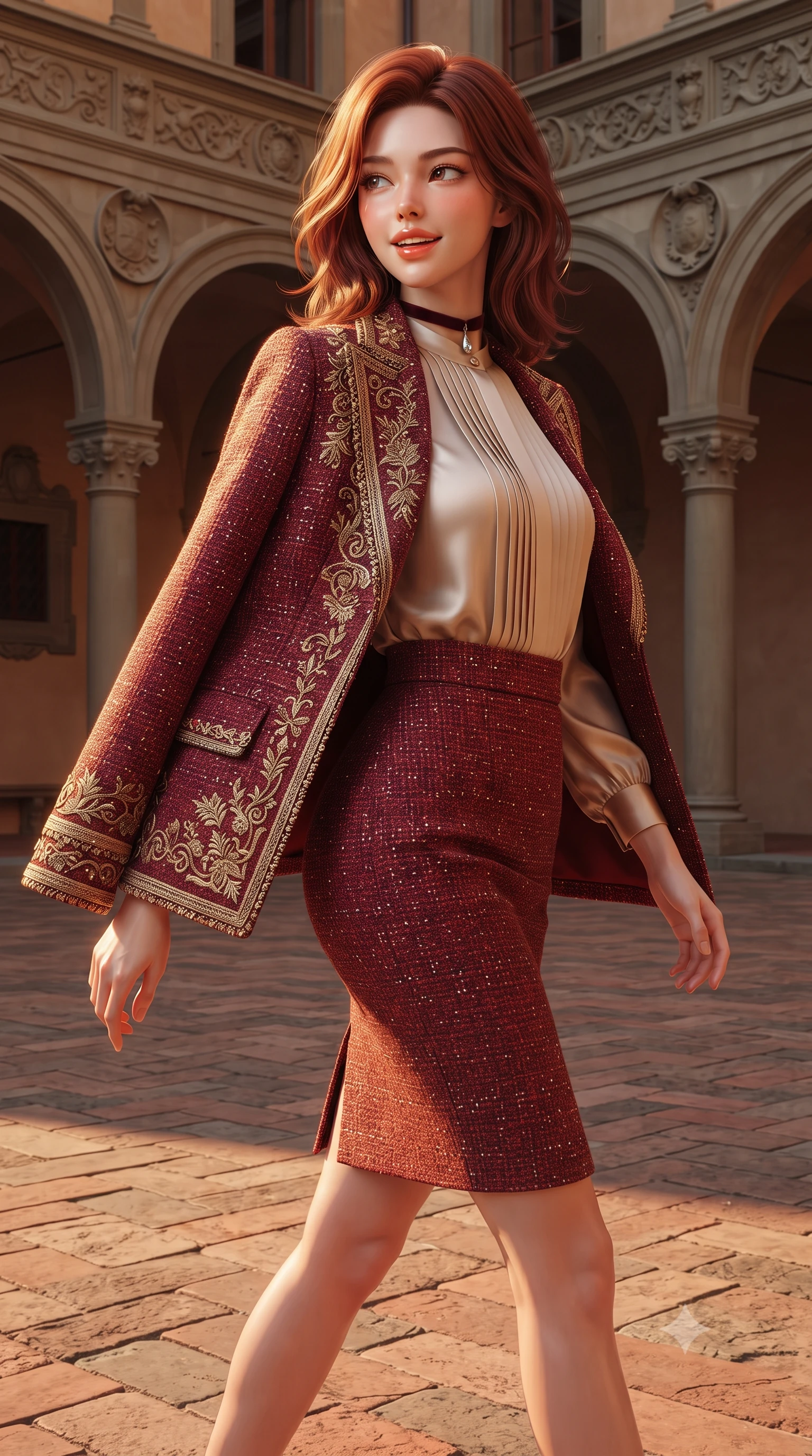 score_9, masterpiece, best quality, ultra-detailed, high-budget anime keyframe, editorial fashion photography, tasteful artistic composition, Korean woman. close-up cowboy shot from the waist and thighs up, the character dominates the composition, filling the frame with her large presence. posing in an alluring rear three-quarter angle, looking over a bare shoulder with parted glossy lips, her hips cocked back to highlight her slim hourglass curve while walking slowly across the terracotta flagstone floor with tall model strides, evening breezes molding her gown to her hourglass curves. The surrounding environment is rendered in vivid detail and crisp panoramic clarity: detailed outfit tailoring, delicate trims, and classic Renaissance stonecraft in razor-sharp precision. She has an exceptionally elegant, slender, and willowy female figure with an ultra-slim waist, flat toned midriff, narrow ribcage, and sculpted feminine hips creating an alluring, slim hourglass silhouette without bulk. sharp v-shaped jawline, high-bridge nose, intricate jewel-like sparkling eyes with depth, thick eyelashes, glossy parted lips with a natural peach sheen, bright cheerful beaming smile with an enchanting and coquettish sensual glint, exuding both youthful cute charm and seductive allure, flawlessly proportioned anatomical accuracy, strict slender model proportions, natural body alignment, perfectly sculpted long slender limbs, ultra-slim waistline, clean dynamic posture without body distortion. wearing a bespoke Florentine Medici-embroidered brocade cape blazer draped over a high-neck pleated silk blouse and tailored pencil skirt in Bohemian Prague garnet ruby and antique 24k gold leaf, woven from structured British tweed with subtle metallic flecks, finished with a thin velvet ribbon choker and a single teardrop diamond pendant, the bespoke structured tailoring following the natural line of her 8.5-heads silhouette with refined elegance. bathed in saturated 2800K golden hour Tuscan sunlight transitioning into rose-gold twilight. ultra-reflective glossy finish, specular highlights, rich textural contrasts, high-contrast stereoscopic depth, volumetric dynamic lighting, 2k, ultra detail, master piece, 9:16 ratio