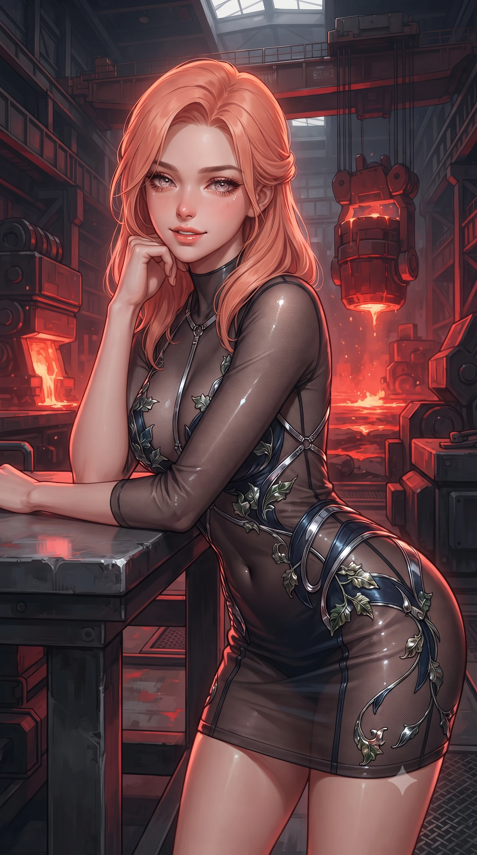 score_9, masterpiece, best quality, ultra-detailed, high-budget anime keyframe, editorial fashion photography, tasteful artistic composition, Japanese woman. close-up cowboy shot from the waist and thighs up, the character dominates the composition, filling the frame with her large presence. resting one elbow on the table and supporting her chin, leaning close to the camera with heavy-lidded sparkling eyes and parted lips while twisting her slender torso in an alluring contrapposto stance beside the slag skimming crane, incandescent crimson magma light caressing her narrow waist and curvy hips. The surrounding environment is rendered in vivid detail and crisp panoramic clarity: detailed tactical officer coat tailoring, carbon-fiber armor texture, and colossal industrial metallurgy architecture in razor-sharp precision. She has an exceptionally elegant, slender, and willowy female figure with an ultra-slim waist, flat toned midriff, narrow ribcage, and sculpted feminine hips creating an alluring, slim hourglass silhouette without bulk. sharp v-shaped jawline, high-bridge nose, intricate jewel-like sparkling eyes with depth, thick eyelashes, glossy parted lips with a natural peach sheen, bright cheerful beaming smile with an enchanting and coquettish sensual glint, exuding both youthful cute charm and seductive allure, flawlessly proportioned anatomical accuracy, strict slender model proportions, natural body alignment, perfectly sculpted long slender limbs, ultra-slim waistline, clean dynamic posture without body distortion. wearing a provocative sheer noir illusion mesh combat dress with embroidered climbing metallic ivy ribbons contouring her curves in tactical carbon navy and polished chrome, crafted from fluid liquid silk satin that clings smoothly to her narrow waist and rounded hips with a dewy sheen, accented with a chrome-drop body harness subtly framing her dewy collarbones and spine, the glove-like clinging cut tightly following the natural contour of her hips and long slender legs with youthful 8.5-heads elegance. illuminated by molten slag reflection bounce and sharp copper-gold rim lights sculpting her razor-sharp jawline, narrow waist, and curvy hips. ultra-reflective glossy finish, specular highlights, rich textural contrasts, high-contrast stereoscopic depth, volumetric dynamic lighting, 2k, ultra detail, master piece, 9:16 ratio