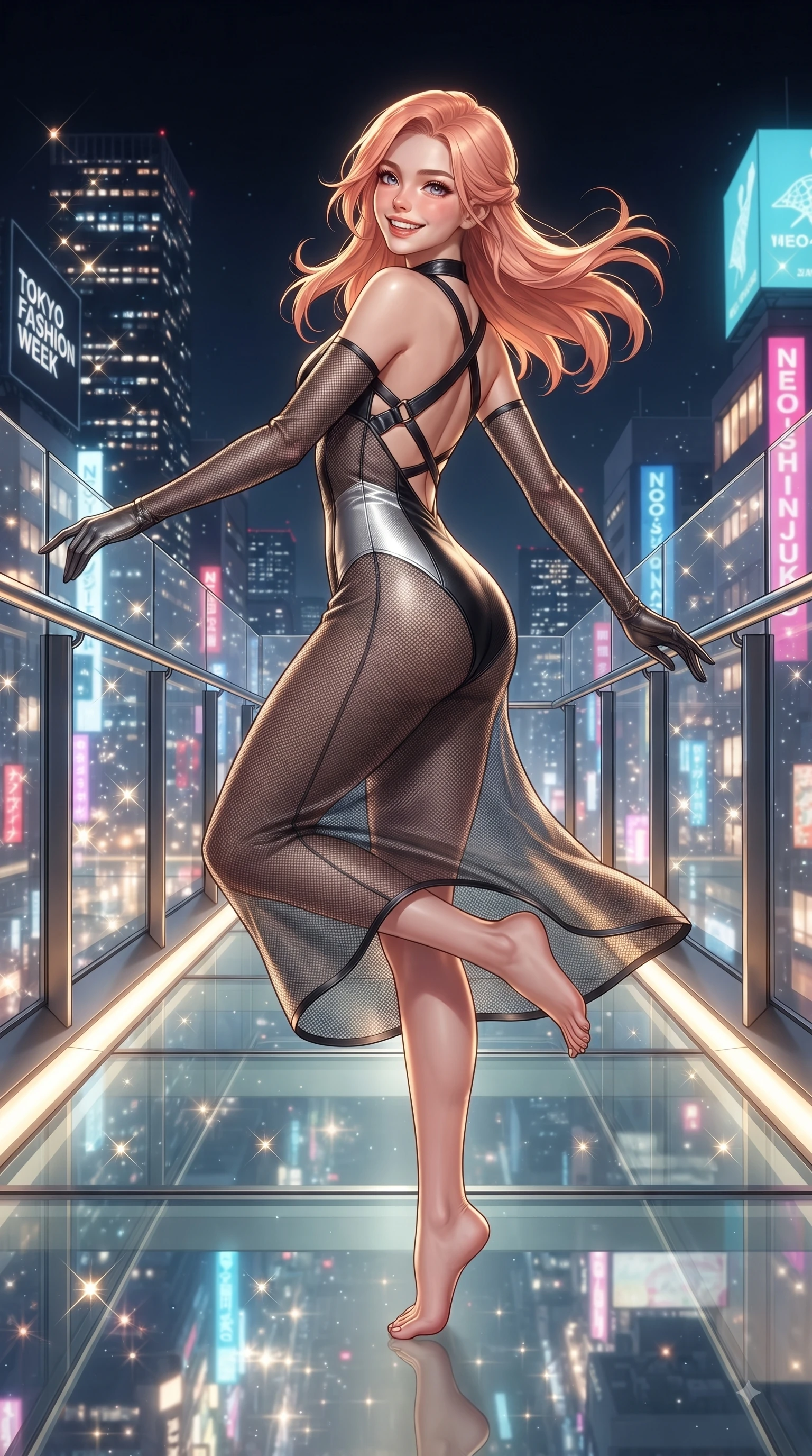 score_9, masterpiece, best quality, ultra-detailed, high-budget anime keyframe, editorial fashion photography, tasteful artistic composition, Japanese woman. low angle full-body shot from head to toe showing her feet, filling the entire 9:16 vertical frame with her statuesque presence, stretching her vertical silhouette. performing a cheerful mid-air rotation with flawless poise, her radiant smile capturing fresh college girlhood energy while walking down an illuminated glass runway under sleek fashion spotlights, glistening city skyline lights and neon tower signs twinkling softly through glass railings. She has an absolutely perfect, statuesque 8.5-heads proportion, an exceptionally tall and slender model-like female figure with impossibly long slender legs and an ultra-slim waist. sharp v-shaped jawline, high-bridge nose, intricate jewel-like eyes with depth, thick eyelashes, glossy lips with a natural sheen, flawlessly proportioned anatomical accuracy, natural body alignment, perfectly sculpted elegant limbs, clean dynamic posture without body distortion. wearing a semi-opaque sheer overlay dress over a leather micro-bodysuit in matte black and polished silver, made of fine carbon-fiber weave and soft matte leather, complemented by criss-cross back straps highlighting her bare shoulders, the glove-like fit emphasizing her statuesque silhouette during motion. bathed in dramatic high-contrast urban night lights and sleek golden spotlights. ultra-reflective glossy finish, specular highlights, metallic sheen, high-contrast stereoscopic depth, volumetric dynamic lighting, 2k, ultra detail, master piece, 9:16 ratio